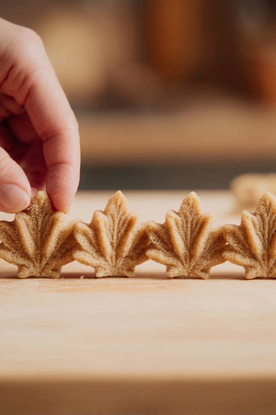 The image shows four small, light brown, textured pieces shaped like maple leaves lined up on a light wooden surface, with a woman's hand gently holding the first piece on the left. The maple leaf shapes have detailed veins visible on the top, and the pieces look soft and slightly crumbly. The background is softly blurred in warm tones, keeping the focus on the maple leaf pieces. photo taken with an iphone --ar 2:3 --v 7 - Homemade Maple Syrup Candy, Maple Syrup Candy Recipe, How to Make Maple Candy, Maple Candy DIY, Natural Maple Syrup Confection