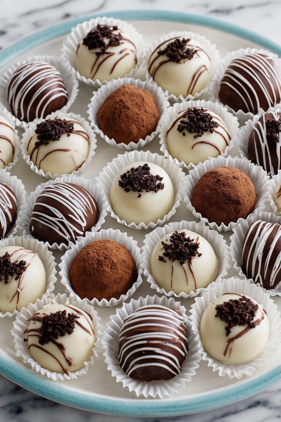 A round white plate holds 25 small round chocolates arranged in rows, each sitting in a white paper cup. The chocolates come in two colors: smooth white and smooth milk chocolate. Some white chocolates have a drizzle of milk chocolate in thin stripes across the top, while some milk chocolates have a white chocolate drizzle in thin stripes. Other pieces of both colors are topped with dark brown crumbly bits. The background surface is white marble. Photo taken with an iphone --ar 2:3 --v 7 - Oreo Truffles, No-Bake Dessert Recipes, Easy Oreo Candy, Chocolate Covered Oreo Bites, Quick Holiday Treats
