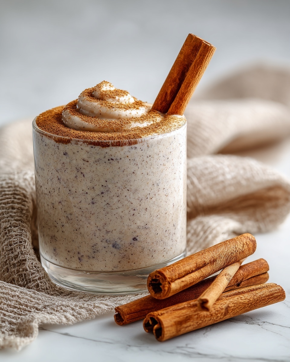 A clear glass cup filled with a textured light beige mixture containing small dark seeds, topped with a brown powder layer and a light cream-colored spiral swirl on top. A whole cinnamon stick is placed vertically inside the cup on one side. Next to the cup, there are four cinnamon sticks lying on a white marbled surface, and a beige textured cloth is softly blurred in the background. photo taken with an iphone --ar 4:5 --v 7
