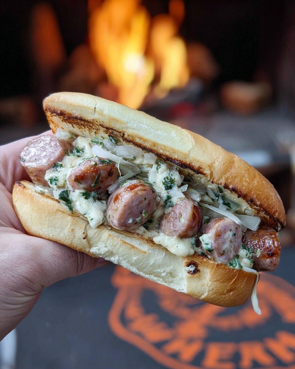 A sandwich with a shiny soft golden bun on top, two thick grilled meat patties with a brown grill texture stacked in the middle, melted white cheese dripping down the sides of the patties, a layer of bright purple red onion rings and green chopped herbs with bits of crispy brown fried onions on top, all sitting on the bottom half of the bun. The sandwich is placed on a dark wooden board with fire blurred in the background, the surface beneath the board is a white marbled texture photo taken with an iphone --ar 4:5 --v 7