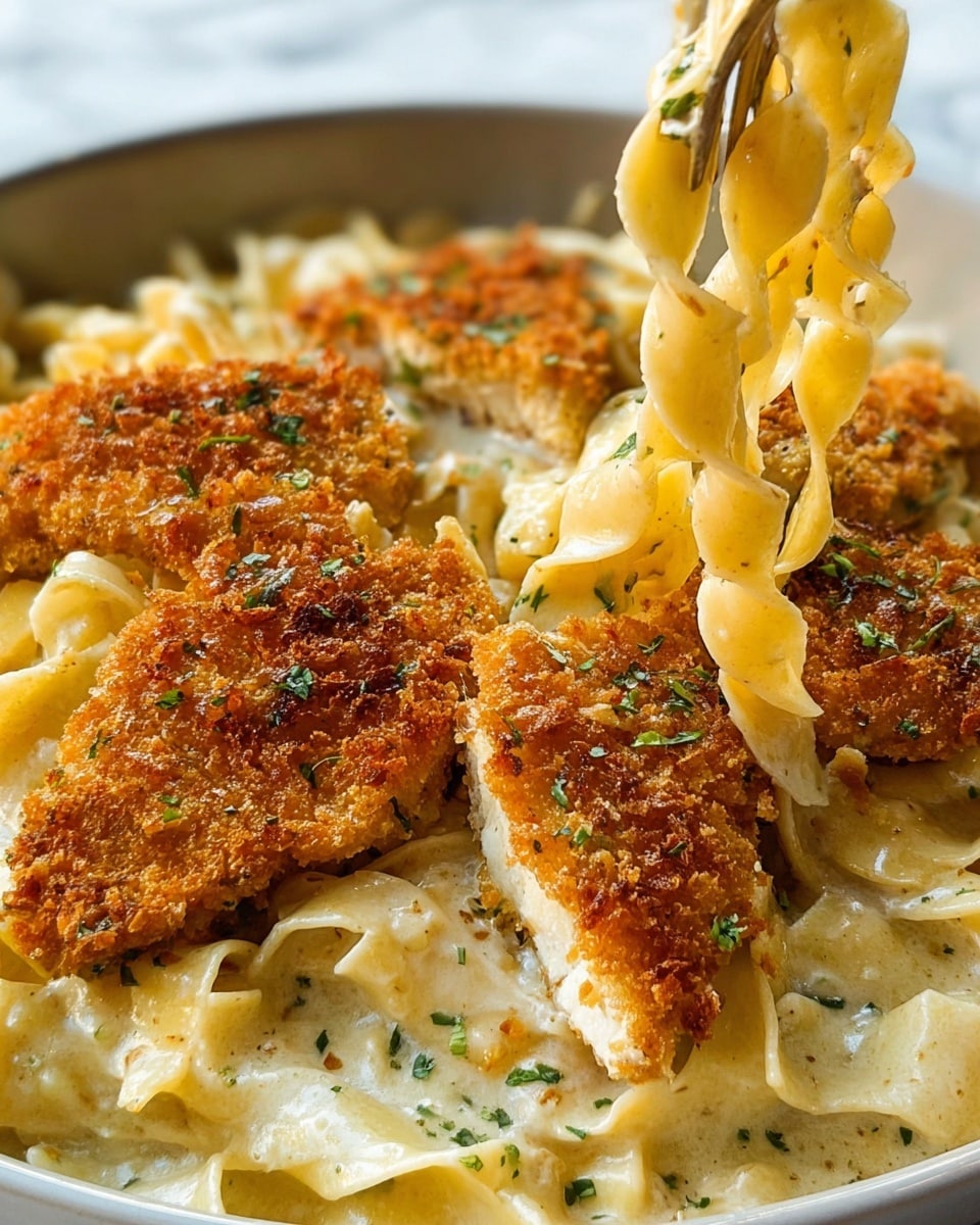 A close-up of a dish with three triangular pieces of crispy golden brown breaded chicken placed on top of a bed of creamy, light yellow fettuccine pasta coated in sauce, with small green herbs sprinkled on the chicken and mixed in the sauce; a gold fork is lifting a twisted bunch of pasta from the bottom left corner against a white marbled background. photo taken with an iphone --ar 4:5 --v 7
