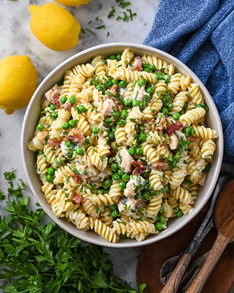 A white bowl filled with creamy, light yellow pasta in a spiral shape, mixed with bright green peas and small pieces of cooked, light brown chicken and crispy bacon. The pasta looks soft and coated in a smooth, white sauce. There are fresh green herbs sprinkled on top, adding a touch of color. The bowl is placed on a white marbled surface with two whole yellow lemons and some fresh green herbs nearby. A blue cloth napkin and rustic wooden utensils are also partially visible. Photo taken with an iphone --ar 4:5 --v 7