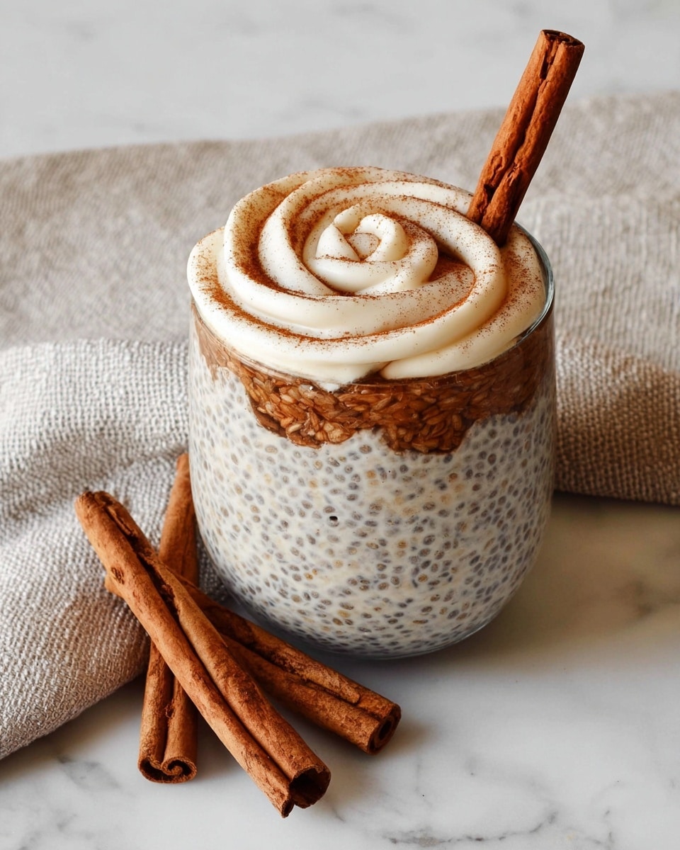 A clear glass filled with three layers of creamy chia pudding mixed with small black chia seeds, topped with a layer of brown cinnamon powder, and decorated on top with a thick, white cream piped in a spiral shape. A single cinnamon stick is placed standing upright in the glass on one side. On the white marbled surface next to the glass, three whole cinnamon sticks lie arranged in a casual pile, with a neutral textured cloth behind the glass. Photo taken with an iphone --ar 4:5 --v 7