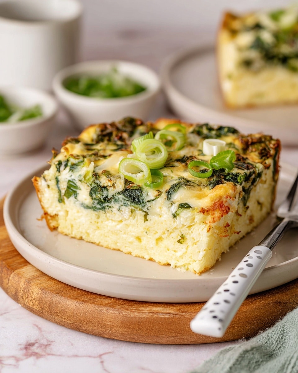 A thick square piece of a layered egg dish sits on a white plate, placed on a wooden board with a white marbled background. The bottom layer is a pale yellow fluffy egg base, smooth and solid. The top layer is a mix of green leafy vegetables and white cheese bits, with a slightly browned, bubbly cheese crust on top. Thin slices of green onion are scattered over the top, adding extra color. A fork with a white handle featuring gray dots rests beside the dish, partially on the plate. In the blurry background, small white bowls with chopped green herbs are visible. Photo taken with an iphone --ar 4:5 --v 7