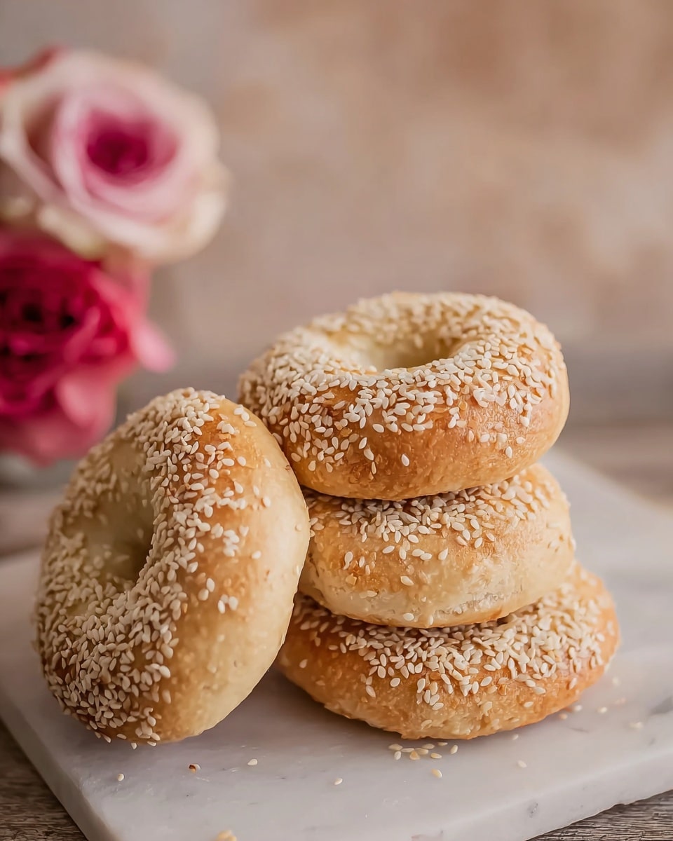 Four sesame seed bagels are stacked unevenly on a white marbled surface, with the top bagel slightly tilted to show off its light golden brown crust covered with white sesame seeds. The texture of the bagels looks soft and slightly puffy, and the bagel at the bottom lies flat while the others rest casually on each other. In the background, a pink rose with some red in the center adds a soft touch of color, blurred gently against the warm neutral tones. photo taken with an iphone --ar 4:5 --v 7