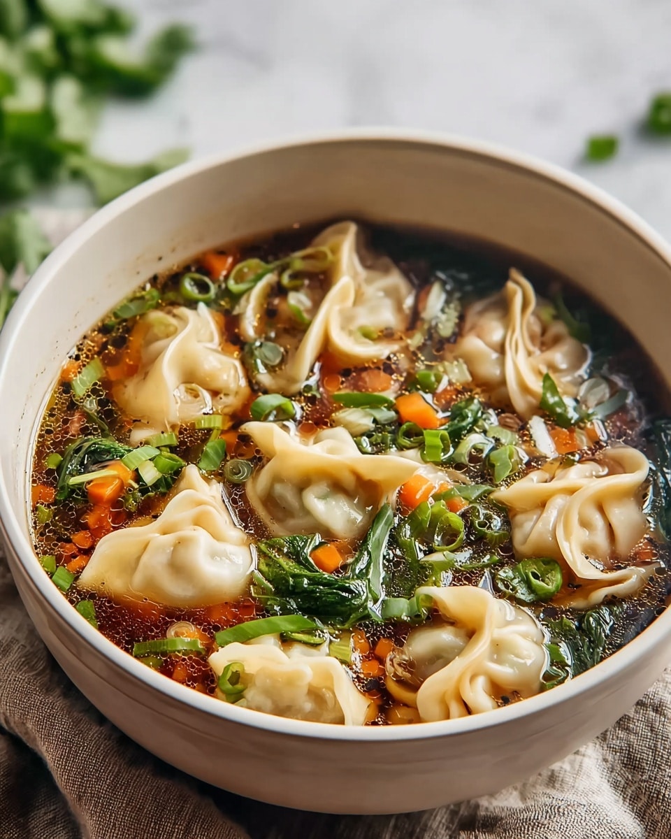 Potsticker Soup Recipe for Cozy Comfort Recipe 5 A white bowl filled with clear brown broth containing several light beige dumplings floating on top, with orange carrot slices and small green onion pieces scattered throughout. A silver spoon rests inside the bowl on the right side. The bowl sits on a white plate on a white marbled surface with a soft beige cloth in the background. photo taken with an iphone --ar 4:5 --v 7