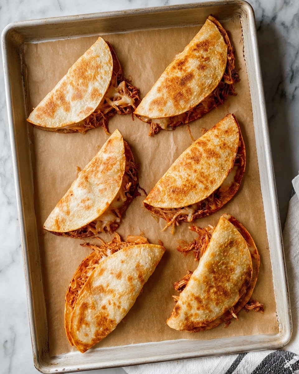 Six small tacos sit on top of light brown parchment paper on a baking tray. Each taco is folded in half and has a crispy, golden-brown outer shell that shows some bubbled and slightly darker toasted spots. The filling inside the tacos is a shredded reddish-brown mixture that peeks out from the open ends, showing a slightly moist texture with some melted bits on the edges. The baking tray has a metallic bronze color, and the photo is taken from above on a white marbled surface. photo taken with an iphone --ar 4:5 --v 7