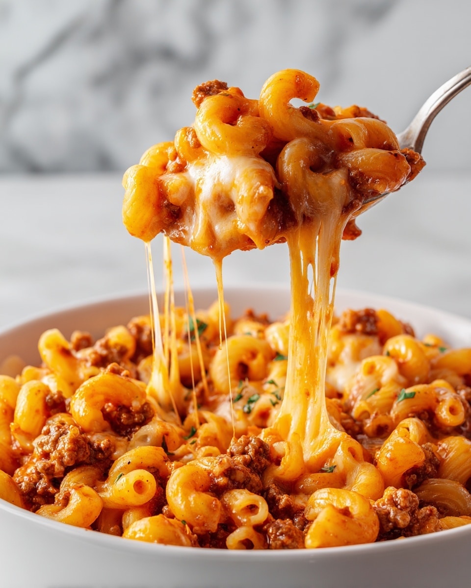 A close-up view showing a white spoon lifting a large scoop of macaroni pasta mixed with small pieces of ground meat and tomato sauce, all topped with melted bright orange cheese that stretches in long strings back to a white bowl filled with the same cheesy pasta. The pasta is small and curly, the sauce is thick and chunky, and the cheese looks smooth and melted over the top, dripping off the sides. The background is a white marbled texture. photo taken with an iphone --ar 4:5 --v 7