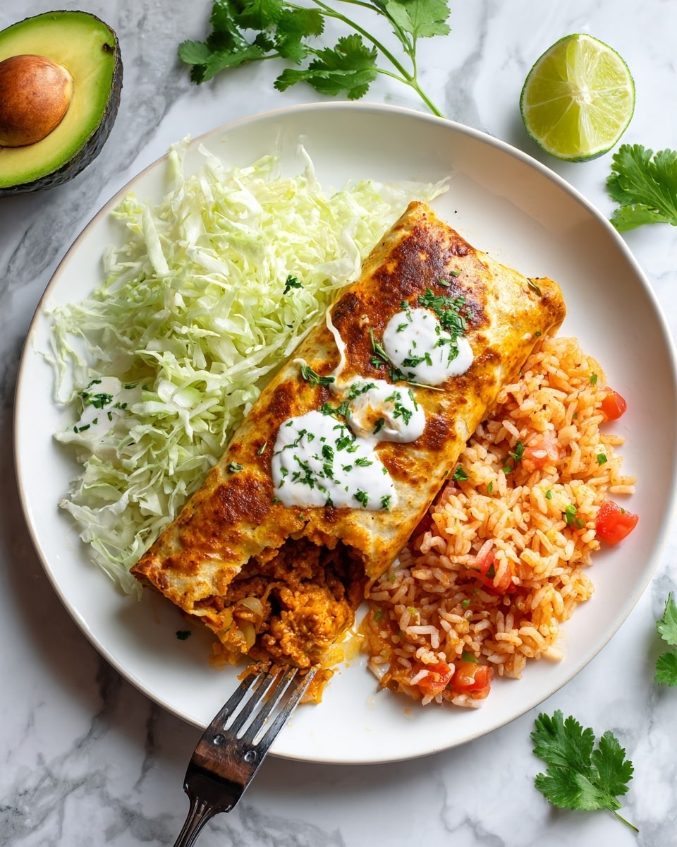 A white round plate shows a stuffed burrito with a golden brown, slightly crispy tortilla top layer with a few green herb sprinkles and dollops of white sauce scattered on top. Inside the burrito, a rich orange filling is visible where it is open. The burrito rests on a bed of thin, light green shredded lettuce covering the left side of the plate. On the right, there is a portion of pinkish-orange rice mixed with red tomato pieces and green bits. The plate sits on a white marbled surface with a halved avocado, lime wedges, and some cilantro leaves around it. A fork stuck into the burrito reveals the filling. photo taken with an iphone --ar 4:5 --v 7
