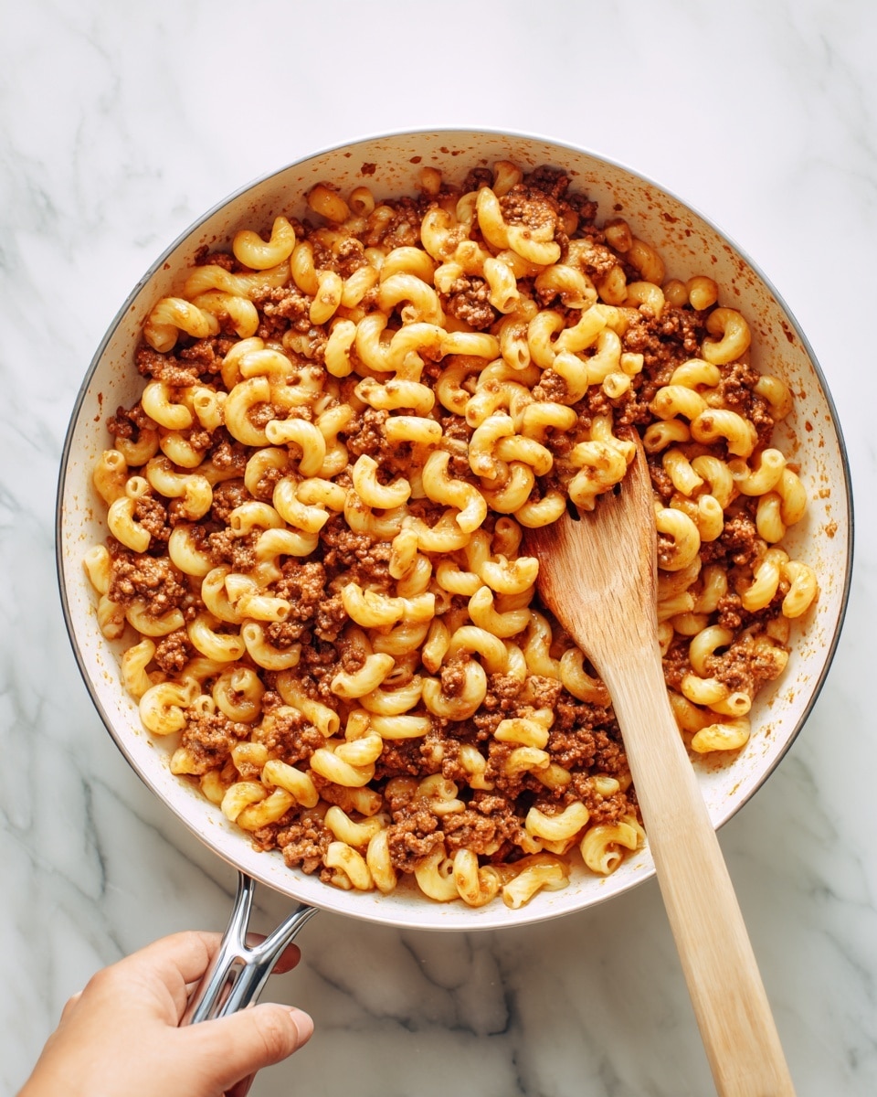 The image shows a white skillet filled with a mix of elbow-shaped pasta and browned ground meat in a reddish sauce. The pasta is light yellow, while the meat is medium brown, evenly mixed throughout the skillet. There is a wooden spatula resting inside the skillet, partially covered in the sauce and pasta. The skillet sits on a stove, all placed on a white marbled surface. The dish looks warm and ready to serve, with the sauce coating the pasta and meat well. photo taken with an iphone --ar 4:5 --v 7