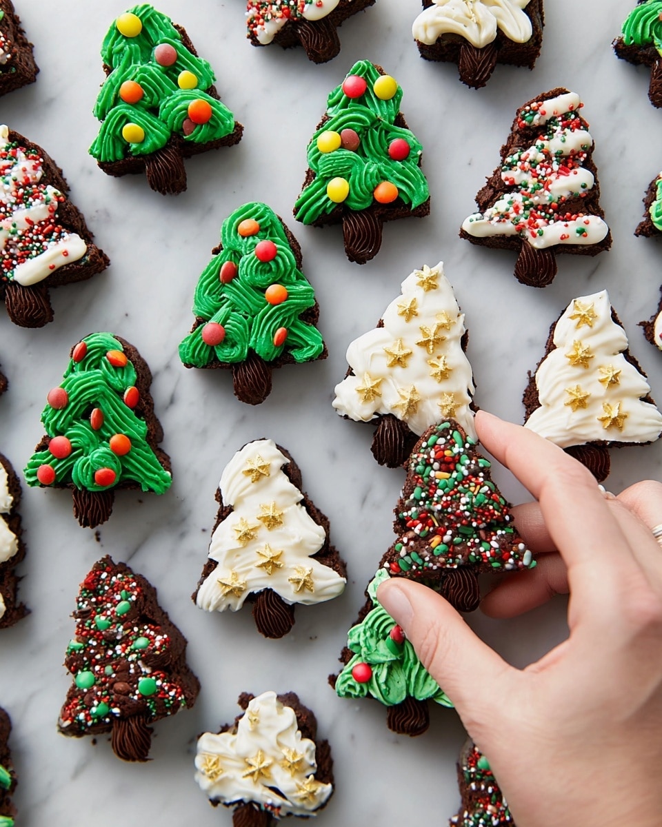 Festive Christmas Brownie Cookies Recipe 6 The image shows many small, brown, tree-shaped brownies decorated in two main styles. One style has a smooth green frosting layer shaped like pine needles with colorful round candy decorations on top, arranged all over the tree. The other style features thick, white frosting swirled to resemble snow layers, decorated with small round gold candies or small star and sprinkle toppings in red, green, and white. Each brownie has a short, dark brown trunk at the bottom. A woman's hand is picking up a brownie decorated with green frosting and colorful round candies. All brownies lie on a white marbled surface. photo taken with an iphone --ar 4:5 --v 7