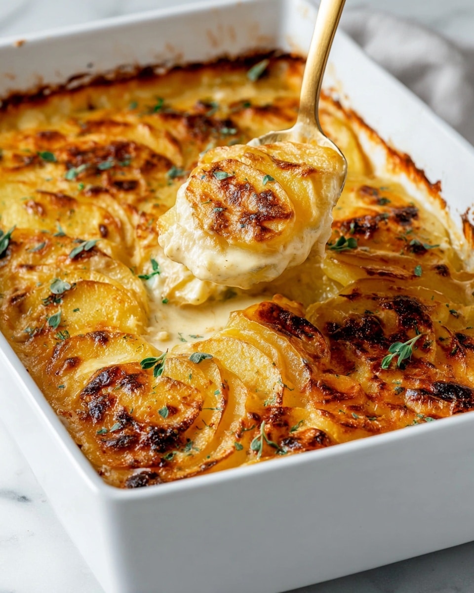 Creamy Cheesy Au Gratin Potatoes Recipe 6 The image shows a white rectangular dish filled with a baked cheesy potato casserole. The top layer is golden-brown melted cheese with some darker crispy spots, sprinkled with small bits of green herbs for garnish. Underneath, tender slices of yellow potatoes are arranged in curved layers, covered by a thick, creamy cheese sauce. A golden spoon is scooping out a portion, showing the soft, warm texture of the potato layers beneath the browned surface. The dish sits on a white marbled surface, and a woman's hand holds the spoon from above. photo taken with an iphone --ar 4:5 --v 7