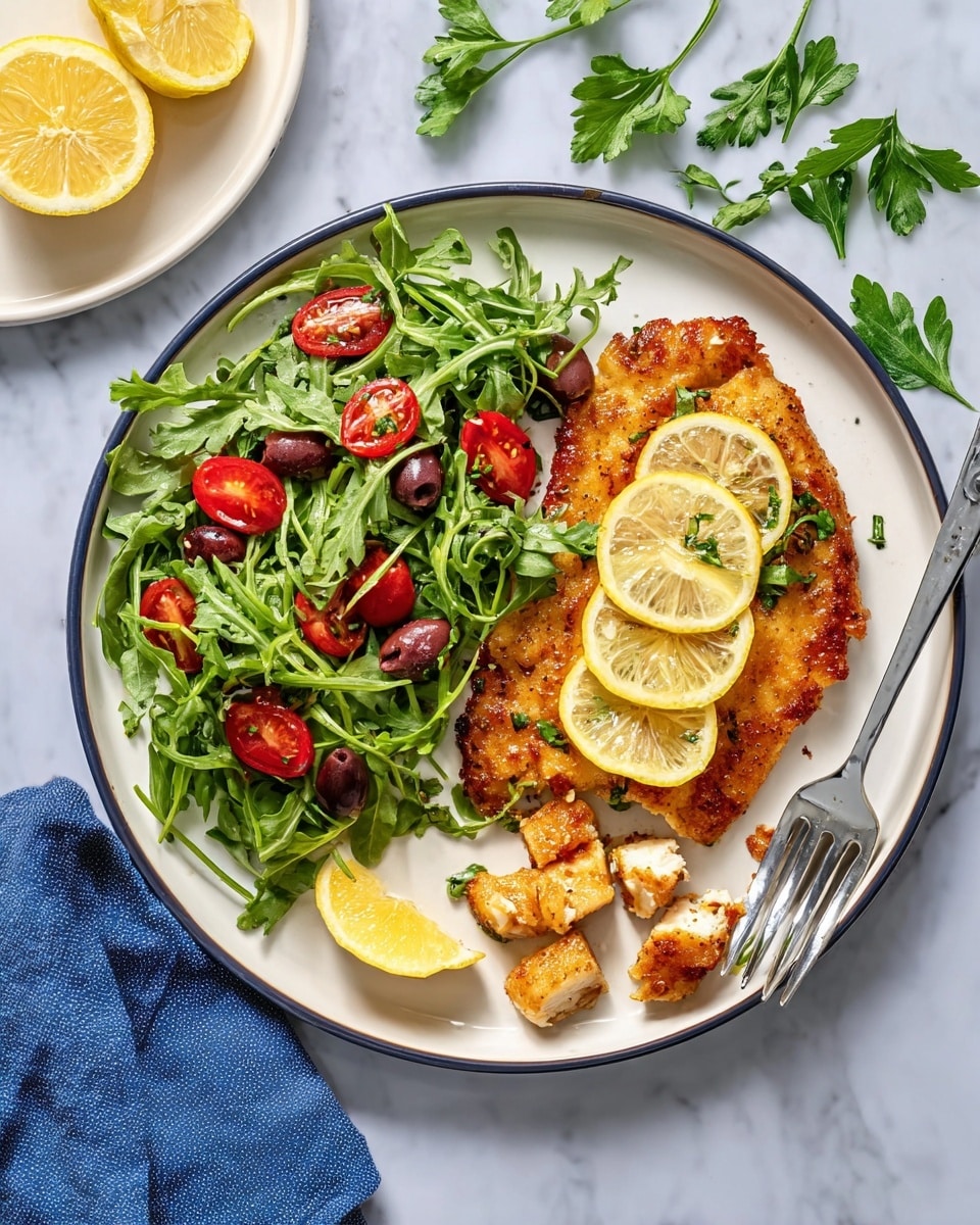 A white plate with a dark rim holds two main parts: on the left, a green arugula salad mixed with halved red cherry tomatoes and sliced dark olives, and on the right, a cooked golden-brown fish fillet garnished with three thin, bright yellow lemon slices placed on top and to the side. There is a silver fork resting on the right side of the plate with the fish cut into smaller pieces. A lemon wedge is placed at the bottom edge of the plate. The plate is on a white marbled surface, with green parsley leaves scattered nearby and a small white plate with lemon wedges above. A blue cloth napkin is partially visible in the bottom left corner. Photo taken with an iphone --ar 4:5 --v 7