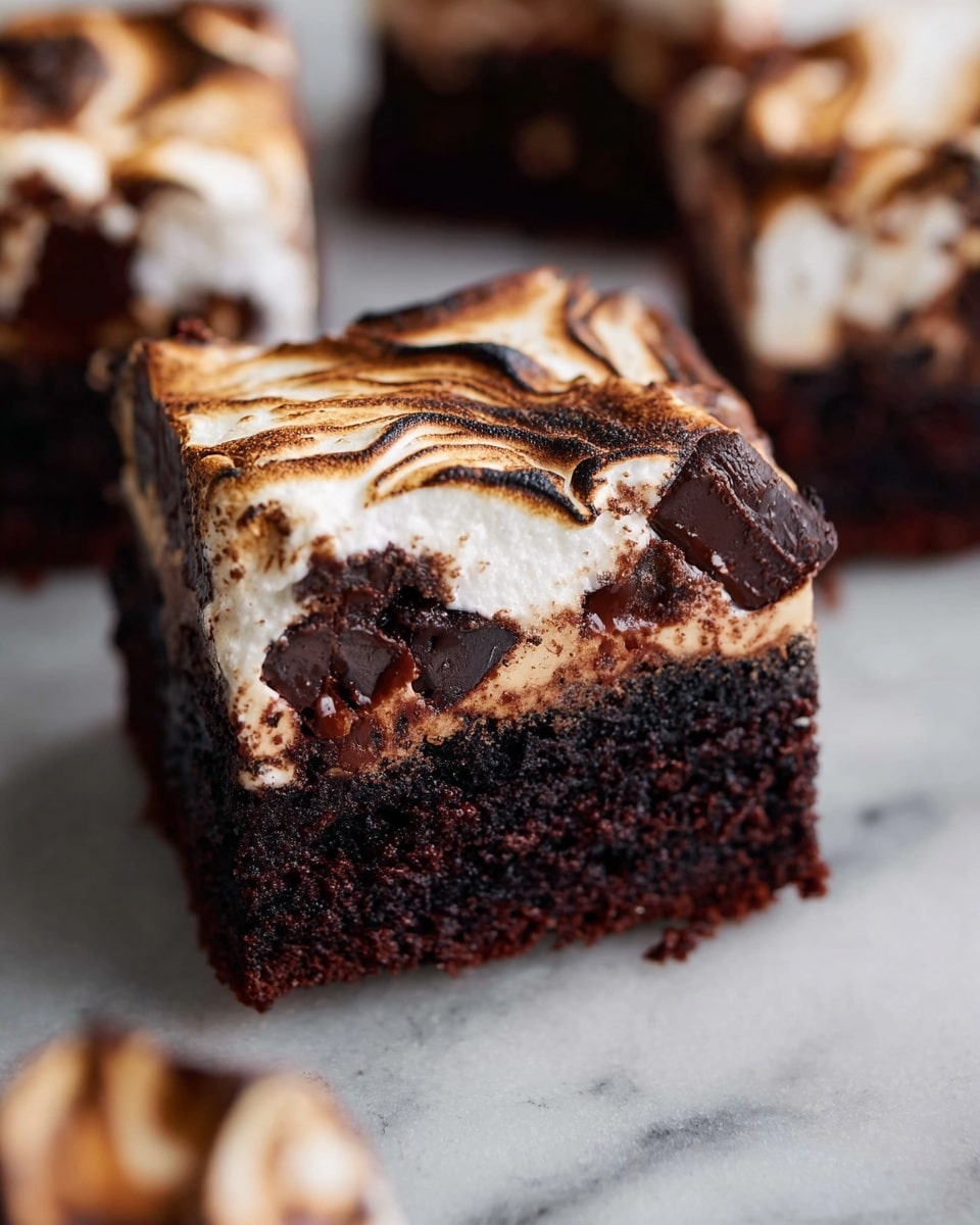 Marshmallow Brownie Bars Recipe 6 This image shows a close-up of a thick, rectangular chocolate brownie with three visible layers. The bottom layer is a dense, dark chocolate base with a rich, moist texture. The middle layer has chunks of melted dark chocolate embedded in the brownie, adding a glossy contrast with a smooth texture. The top layer is a slightly toasted, swirled marshmallow topping with a white and golden-brown color, giving a soft and fluffy appearance. The brownie rests on a white marbled surface with other similar brownies blurred in the background. photo taken with an iphone --ar 4:5 --v 7