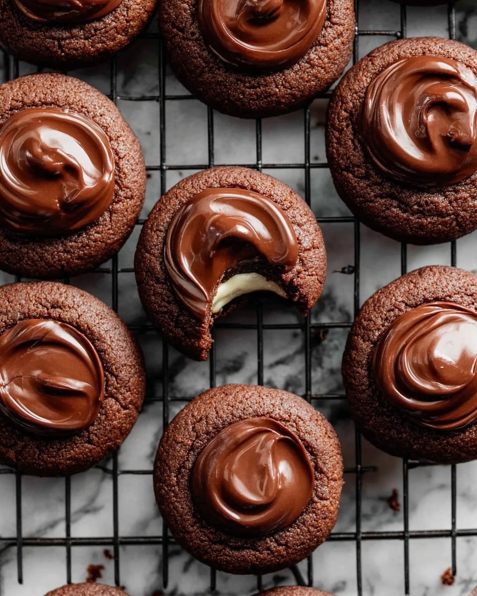 The image shows a group of round chocolate cookies on a black cooling rack, placed on a white marbled surface. Each cookie has two layers: the bottom layer is a dark brown, soft textured cookie base, while the top layer is a smooth, shiny, dark chocolate spread swirled gently in the center. One cookie near the middle has a bite taken out, revealing a creamy white filling inside with the chocolate spread on top. The arrangement is slightly scattered but close together. photo taken with an iphone --ar 4:5 --v 7