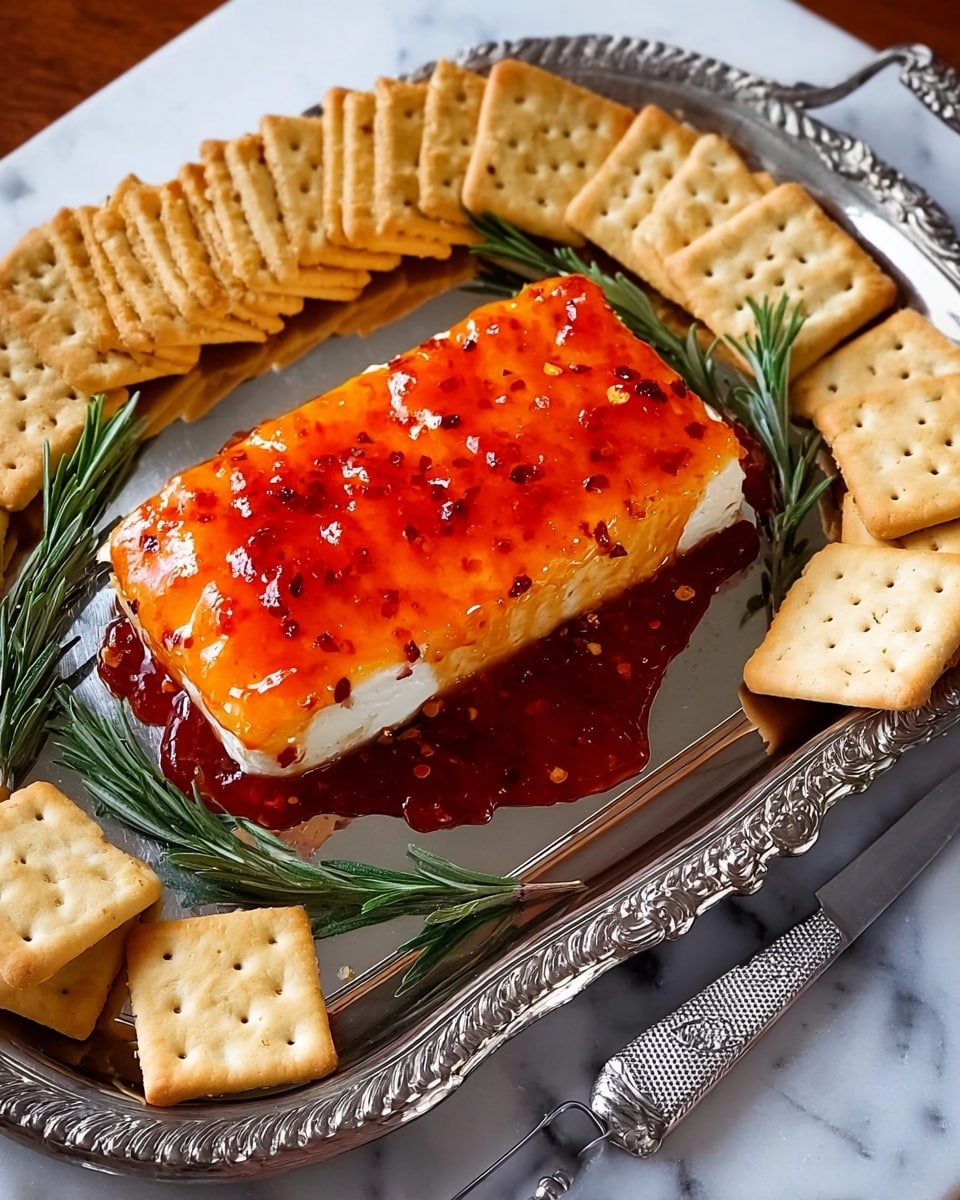 The image shows a white cracker with a smooth, soft layer of white cheese spread on top, covered partially with a bright orange-red jelly that has a glossy texture and small bits inside. This cracker is placed in front of a rectangular block of white cheese covered with the same orange-red jelly layer on top. The cheese block sits on a generous layer of darker red jelly, which spreads unevenly across a shiny silver plate. There are more plain white crackers arranged on the right side of the plate. A silver knife with a catch of cheese and jelly rests beside the block. A sprig of fresh green rosemary lies to the left on a white marbled surface. Photo taken with an iphone --ar 4:5 --v 7