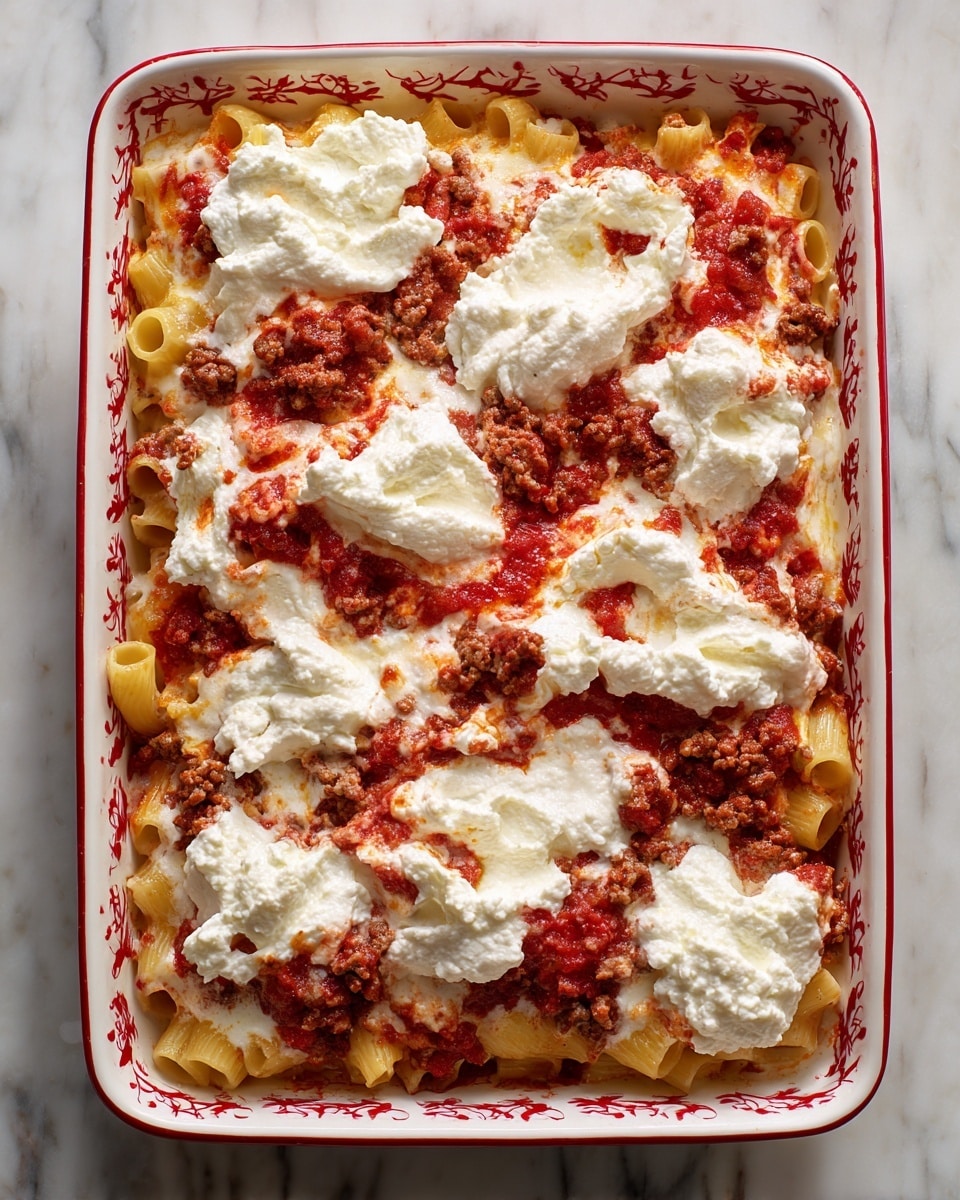 A white rectangular baking dish with red decorative patterns holds a layered pasta dish. The bottom layer is tube-shaped pasta mixed with red sauce and browned ground meat, covering the entire base. On top, there are irregular dollops of white, creamy ricotta cheese spread across in several large patches. Over the cheese, there is more red tomato sauce with ground meat scattered unevenly, creating a mix of red and white colors. The texture shows soft pasta, chunky meat sauce, and smooth cheese. The dish is set on a white marbled textured surface photo taken with an iphone --ar 4:5 --v 7