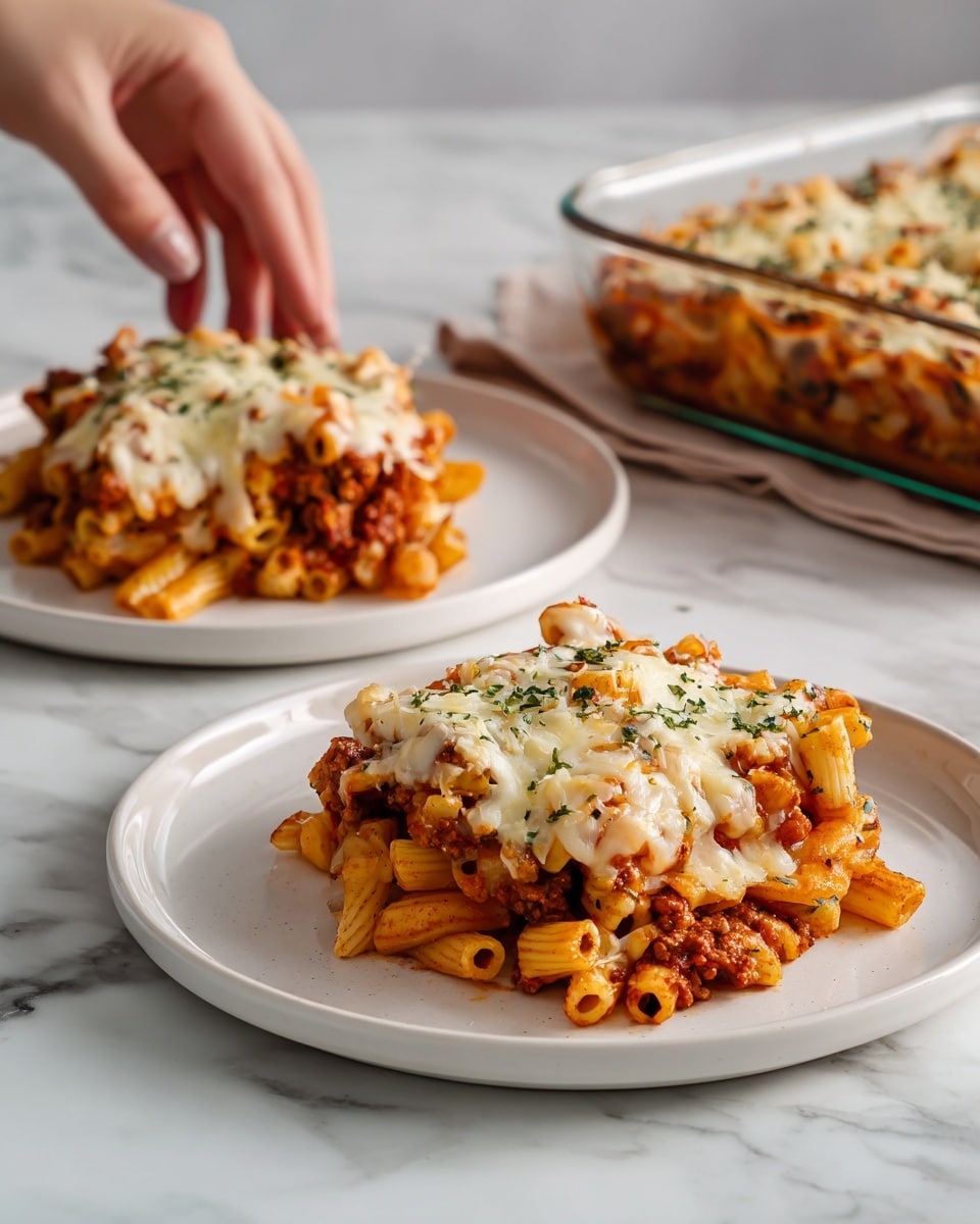 The image shows two white plates on a white marbled surface, each filled with a layered pasta dish made with short tube pasta mixed with a red tomato sauce and ground meat. The pasta serves as the base layer, topped with a generous layer of melted cheese that looks soft and lightly browned, scattered with green herb bits. The cheese layer is sprinkled with grated cheese creating a textured topping. Both plates hold a hearty portion, with parts of the dish spilling slightly on the sides. In the background, a clear glass baking dish with the same pasta dish is partially visible with a woman's hand reaching near it. photo taken with an iphone --ar 4:5 --v 7