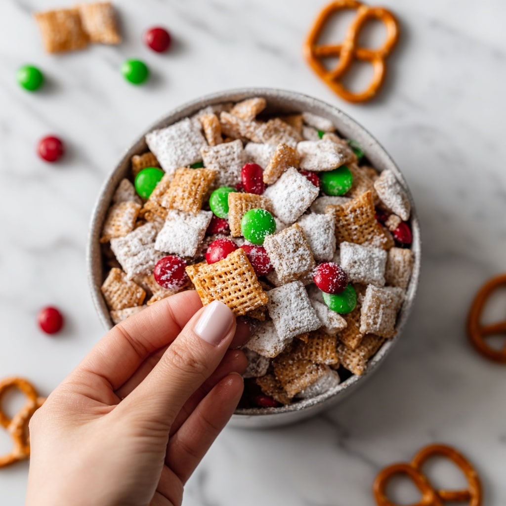A large white bowl filled with a mix of small square-shaped cereal pieces coated in white powdered sugar forming the base layer, topped with scattered small red and green candy-coated chocolates, and mini chocolate peanut butter cups evenly mixed throughout. Around the bowl on a white marbled surface, there are some pretzels along with more red and green candy-coated chocolates. The image is bright, colorful, and festive, showing a close, overhead view of the snack mix. photo taken with an iphone --ar 4:5 --v 7