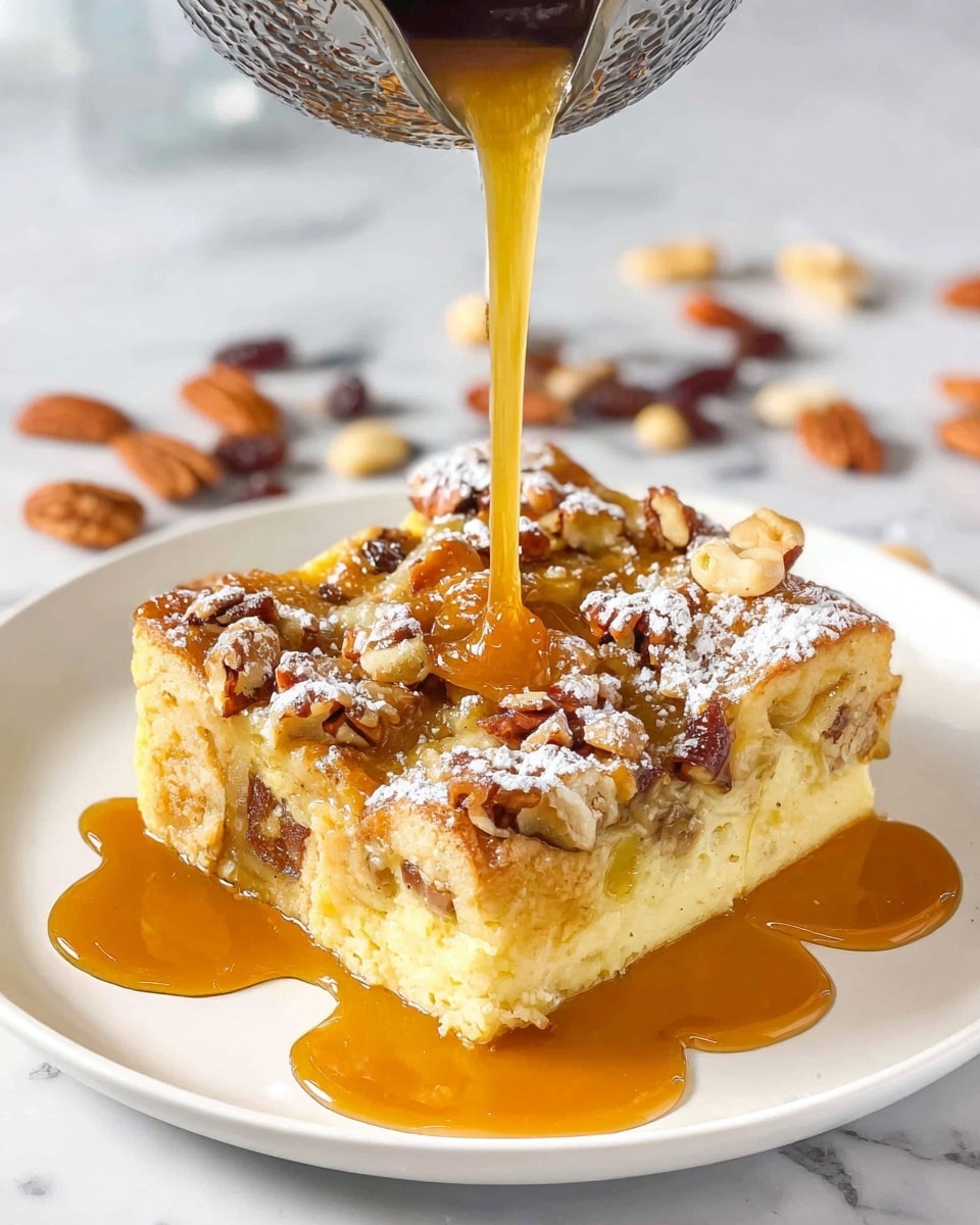 A thick square piece of bread pudding sits on a white plate, showing a soft, creamy base layer with a light yellow color. On top, there is a golden-brown layer mixed with chunks of nuts and raisins, sprinkled with white powdered sugar. Smooth caramel sauce is being poured over the top, flowing down the sides and adding a shiny amber color to the dessert. The background is a white marbled surface with scattered nuts and raisins around the plate. The photo taken with an iphone --ar 4:5 --v 7