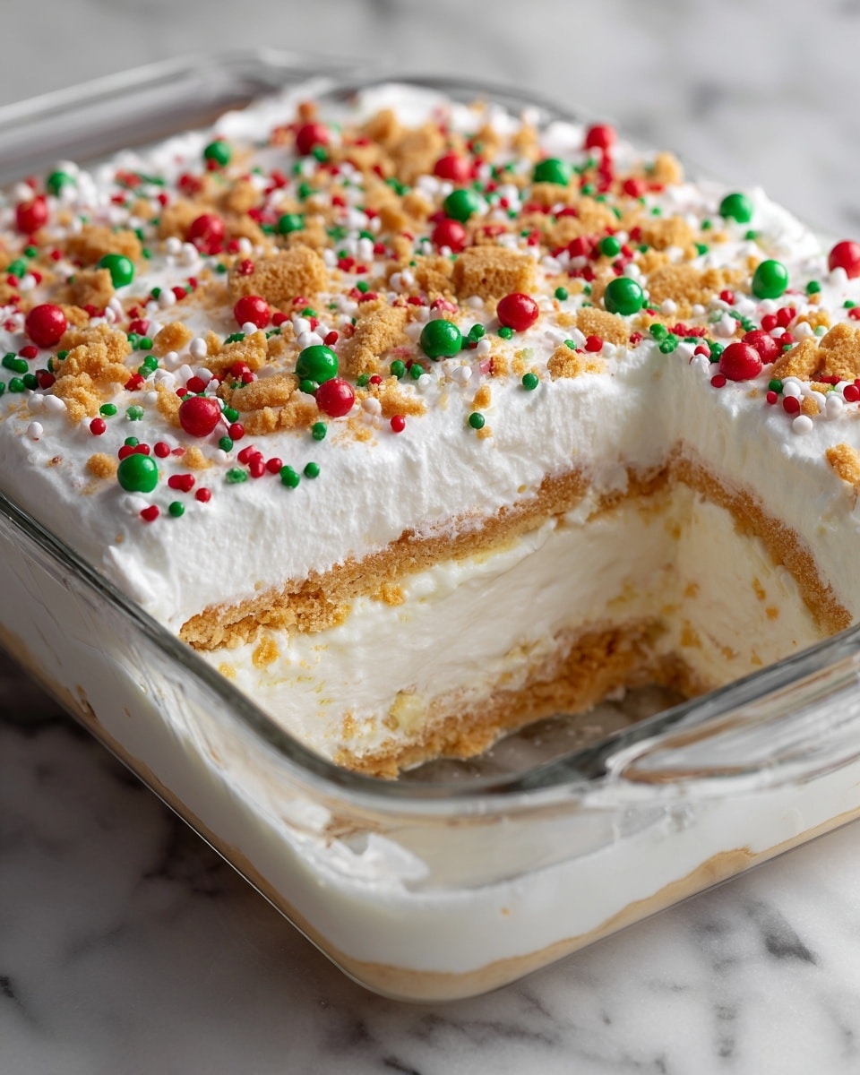 A clear glass rectangular dish holds a layered dessert with three visible layers: the bottom layer is a light golden crust, the middle layer is thick and white with a creamy texture, and the top layer is white whipped cream spread evenly. On top, there are crushed golden cookie pieces scattered all over, mixed with small round red, green, and white sprinkles that add color. The dessert rests on a white marbled surface. photo taken with an iphone --ar 4:5 --v 7