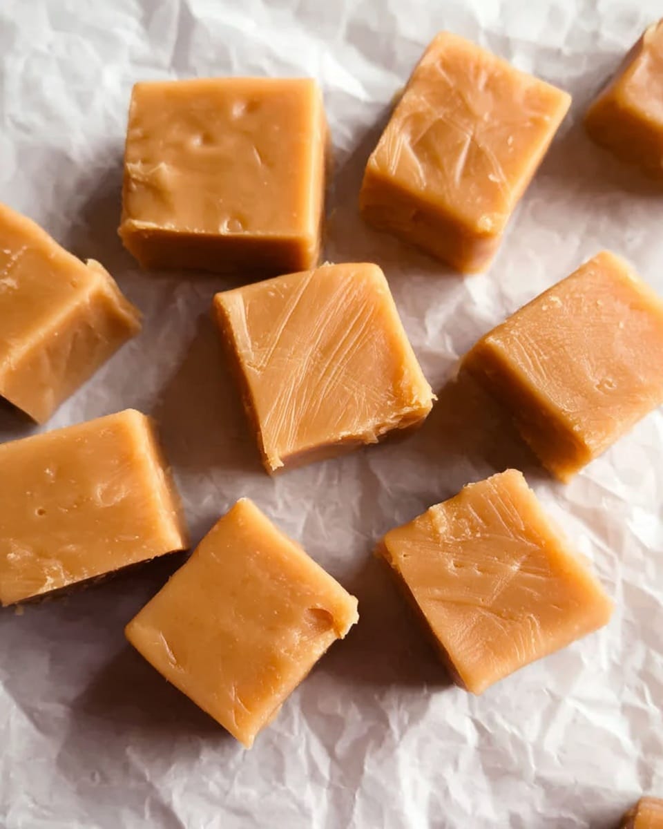 The image shows a close-up view of eleven square caramel fudge pieces on wrinkled white parchment paper, arranged in an irregular pattern. Each piece has a smooth, slightly shiny light brown surface with soft, natural texture lines and faint cracks. The fudge cubes have clean edges and uniform size, casting soft shadows that highlight their thickness and chunky shape. photo taken with an iphone --ar 4:5 --v 7