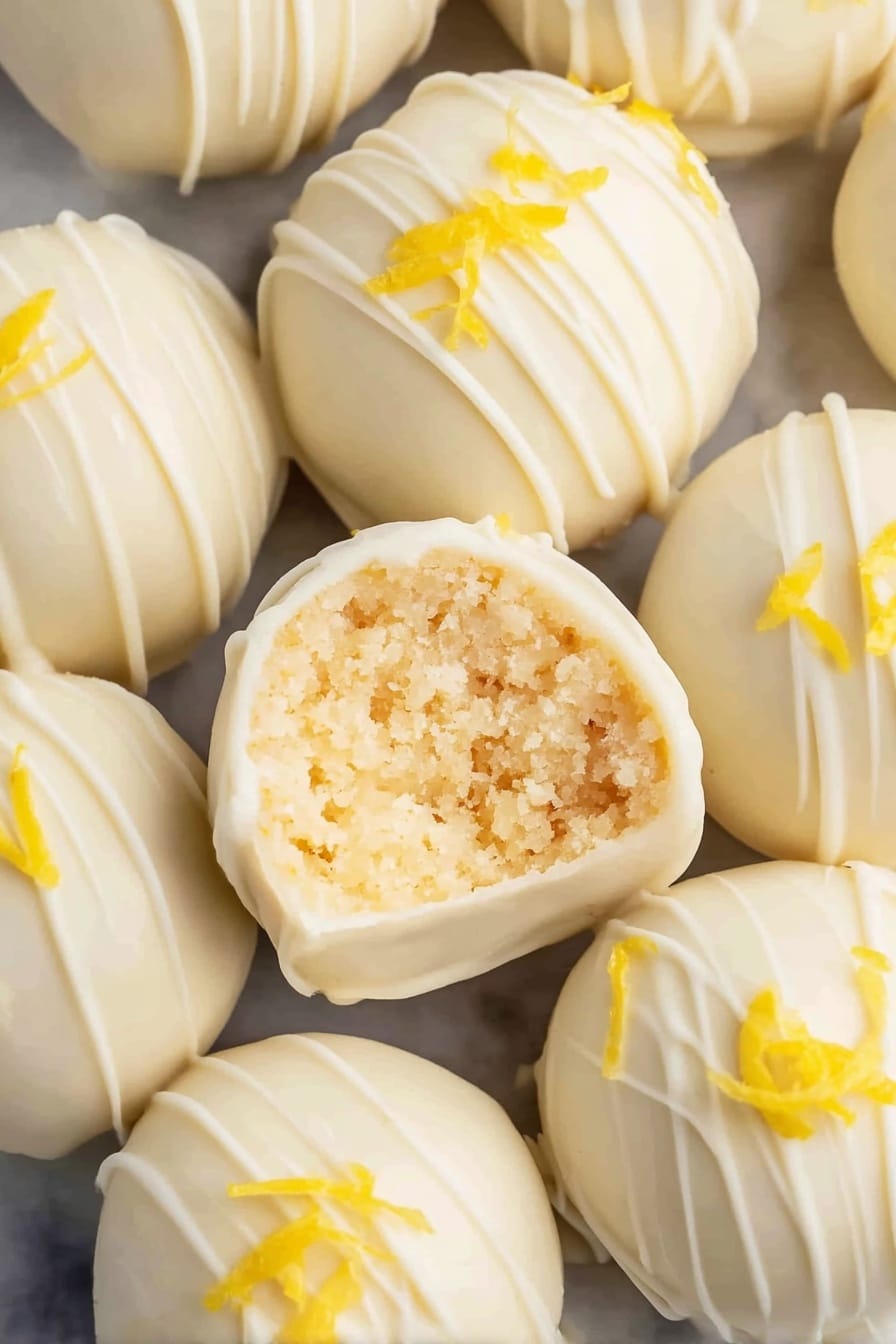 The image shows about fourteen round white chocolate-covered balls scattered on a white marbled surface. Each ball is smooth with a light glossy texture and is drizzled with thin lines of white chocolate. Small, bright yellow lemon zest pieces are sprinkled on top of each ball, adding a pop of color. In the corner, half of a bright yellow lemon and a whole lemon are placed, showing the fruit’s juicy inside and textured peel. The scene is softly lit with a fresh and clean look. Photo taken with an iphone --ar 2:3 --v 7 - Lemon Oreo Truffles, Lemon Oreo Dessert, No-Bake Lemon Treats, Easy Lemon Truffles, Homemade Lemon Oreo Bites