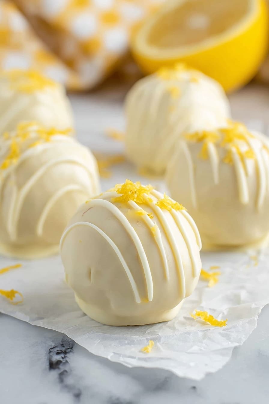 The image shows a close-up view of several round white balls covered in smooth white coating with a slight drizzle design on top. They are placed close together, and one ball is bitten to reveal a light beige, moist, and crumbly inside texture. Small bright yellow thin strips, likely lemon zest, are placed on the top of some balls as decoration. All balls rest on a white marbled surface. photo taken with an iphone --ar 2:3 --v 7 - Lemon Oreo Truffles, Lemon Oreo Dessert, No-Bake Lemon Treats, Easy Lemon Truffles, Homemade Lemon Oreo Bites