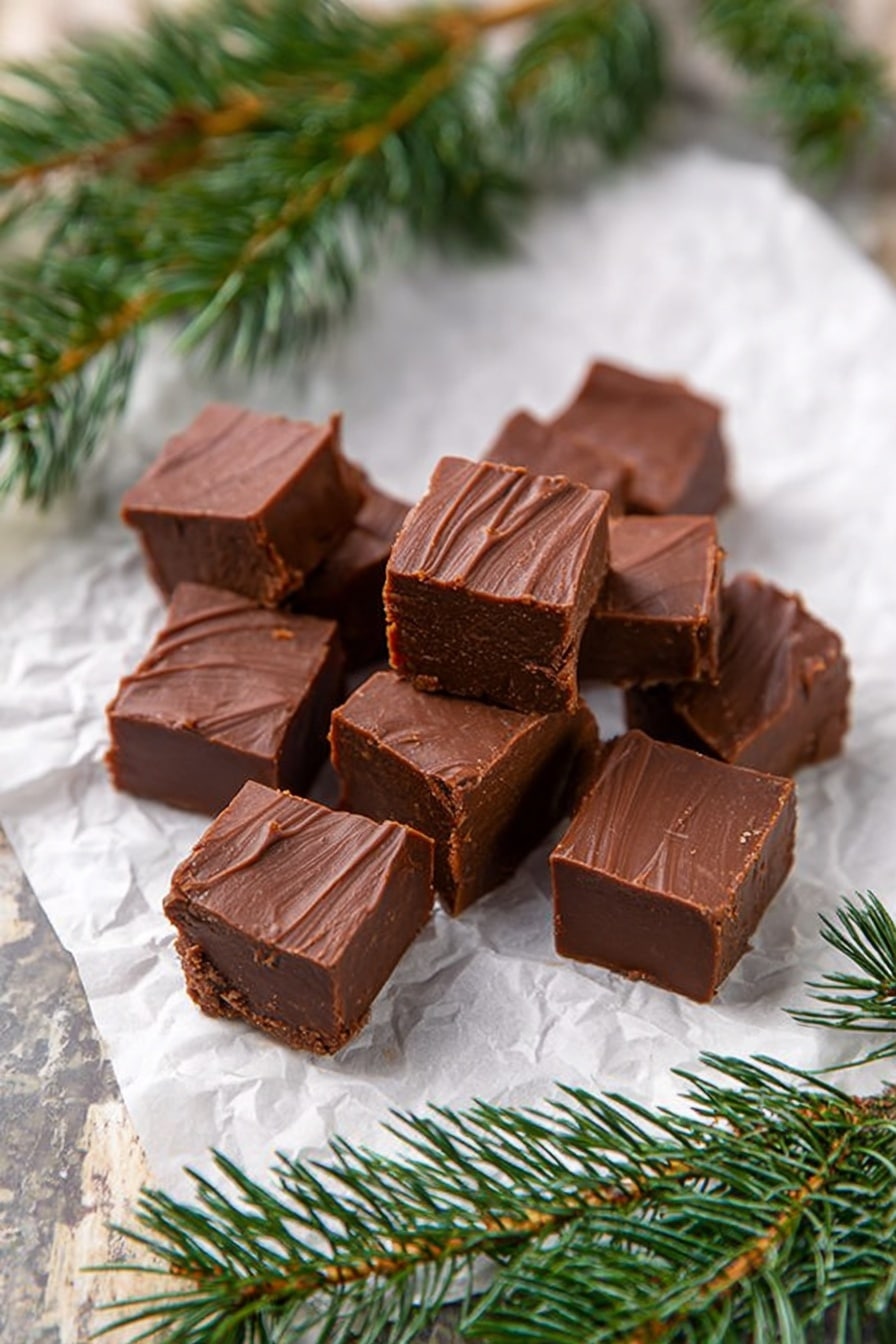A group of small square pieces of chocolate fudge is placed on a piece of crumpled white parchment paper. Each fudge piece has a shiny, smooth top layer with slight textures and lines, showing a rich dark brown color. The fudge squares are closely positioned together, some slightly stacked, with a few separated around the center area. Around the edges, there are fresh green pine tree branches resting on the white marbled surface, creating a natural, festive frame. photo taken with an iphone --ar 2:3 --v 7 - Mocha Fudge, Mocha Fudge Recipe, Chocolate Coffee Fudge, Coffee-infused Fudge, Easy Mocha Fudge