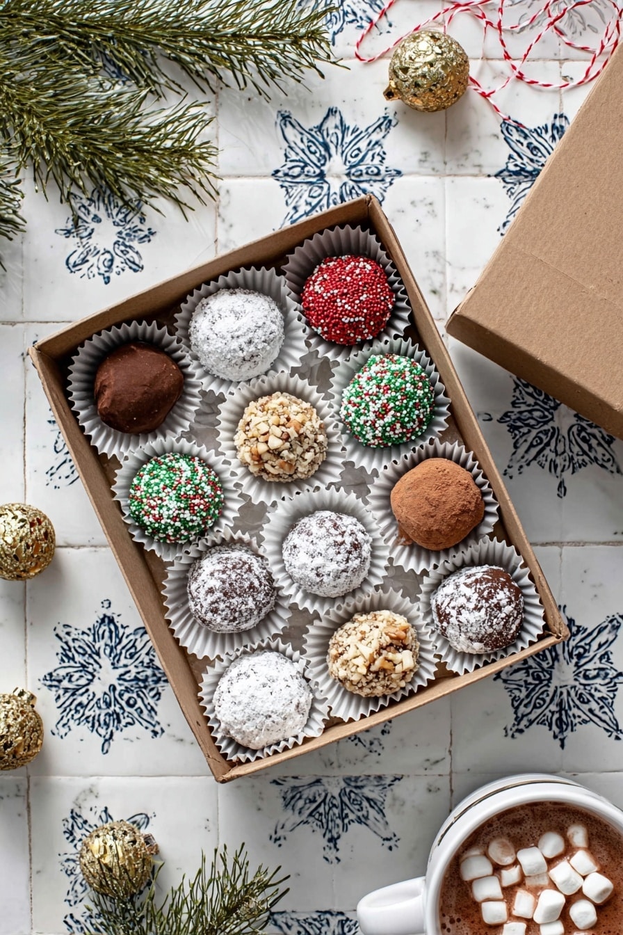 A white cup on a white saucer holds six round truffles with different coatings. On top are two light brown cocoa powder truffles, one bead-covered truffle with red, green, and white sprinkles, one white powdered sugar truffle, one nut-coated truffle in light brown and white, and another cocoa powder truffle at the bottom. Around the cup, there are extra truffles in white paper cups, a red and white ribbon curling along the side, and some gold Christmas ornaments on a white marbled textured surface with blue floral tile patterns. A pine branch and a box are softly blurred in the background. photo taken with an iphone --ar 2:3 --v 7 - Chocolate Rum Balls, boozy chocolate treats, no-bake holiday desserts, easy chocolate rum balls, chocolate rum balls recipe