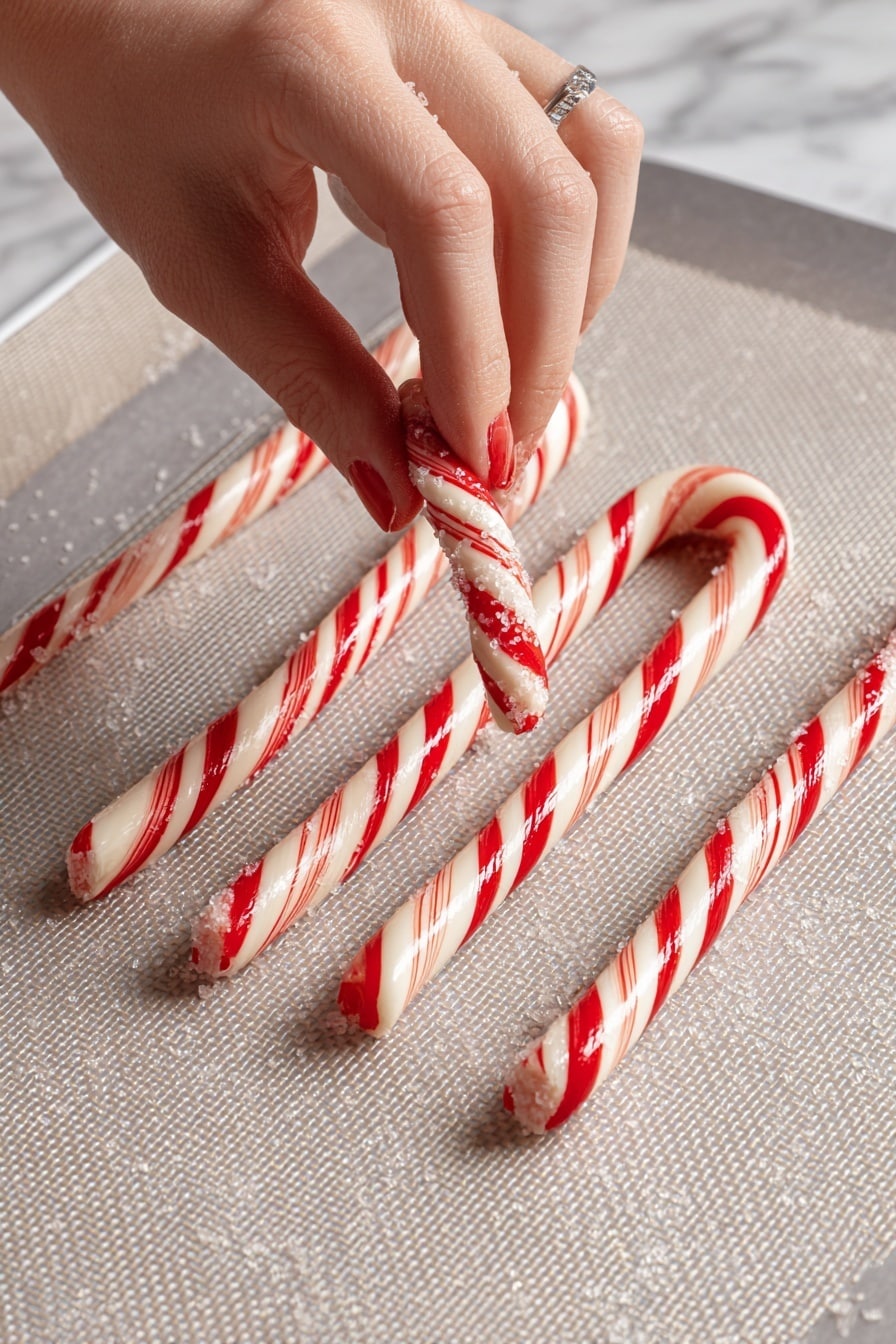 Peppermint Candy Cane Cookies Recipe 8 A woman's hand is shaping a candy cane made of two twisted layers, one red and one creamy white, with coarse sugar sprinkled on top. The candy canes are lying on a light gray silicone baking mat with a fine grid texture, placed on a white marbled surface. Three candy canes are shown in a row, two straight sticks and one with a curved top, all with alternating red and creamy white stripes. Photo taken with an iphone --ar 2:3 --v 7 - Peppermint Candy Cane Cookies, festive holiday cookies, easy peppermint cookie recipe, Christmas candy cane cookies, peppermint dessert ideas