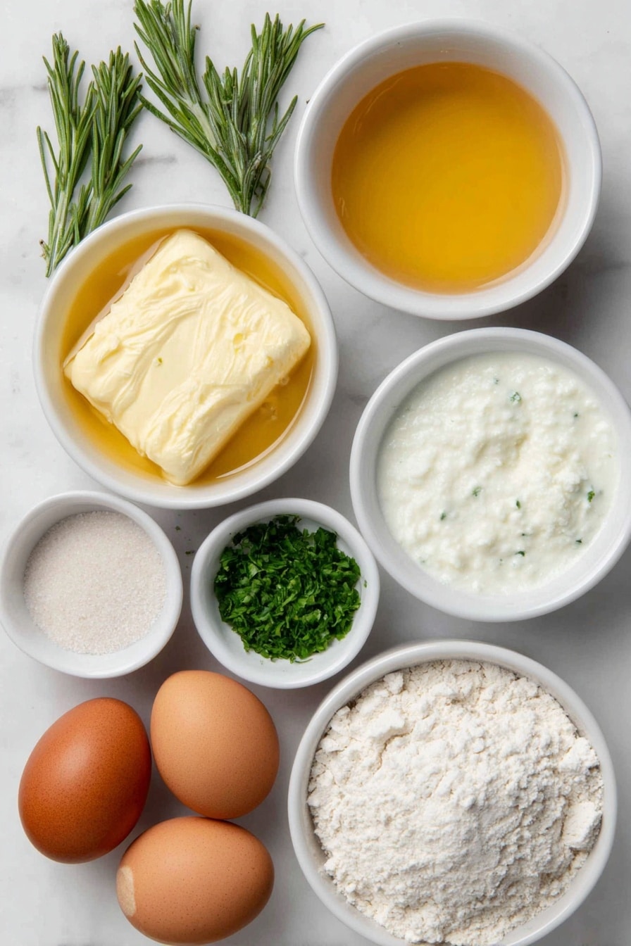 Flat lay of a small white ceramic bowl of warm water, a small white ceramic bowl with melted golden butter, a small white ceramic bowl of fresh milk, a small white ceramic bowl of clear honey, a small white ceramic bowl with fine sea salt, a small white ceramic bowl of garlic powder, a small white ceramic bowl of finely chopped fresh rosemary, a small white ceramic bowl of finely chopped fresh parsley, two whole uncracked brown eggs, a small pile of all-purpose flour, and two peeled garlic cloves placed symmetrically on a clean white marble surface, soft natural light, photo taken with an iPhone, professional food photography style, fresh ingredients, white ceramic bowls, no bottles, no duplicates, no utensils, no packaging --ar 2:3 --v 7 --p m7354615311229779997 - Rosemary Garlic Dinner Rolls, homemade dinner rolls, quick bread recipes, savory bread recipes, fluffy dinner rolls