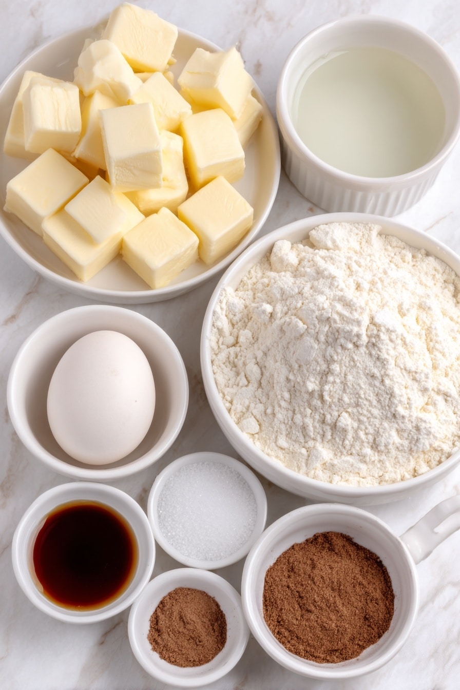 Flat lay of unsalted butter cut into small cubes on a simple white ceramic plate, a small white ceramic bowl filled with clear water, a small white ceramic bowl holding granulated white sugar, a pinch of coarse salt spilled elegantly on the white surface, a mound of all-purpose flour on a simple white ceramic dish, one large whole egg with a clean shell resting on the marble surface, a small white ceramic bowl containing clear vanilla extract, a small white ceramic bowl filled with vegetable oil, and a small white ceramic bowl with a mixture of granulated white sugar and ground cinnamon placed symmetrically, all fresh and natural, arranged with perfect balance and symmetry, placed on a clean white marble surface, soft natural light, photo taken with an iPhone, professional food photography style, fresh ingredients, white ceramic bowls, no bottles, no duplicates, no utensils, no packaging --ar 2:3 --v 7 --p m7354615311229779997 - Cinnamon Sugar Churro Bites Cinnamon Sugar Churro Bites Easy Churro Bites Crispy Churro Bites