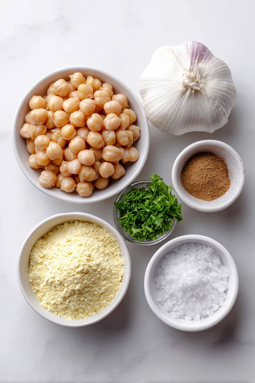 Flat lay of a small heap of dried round beige chickpeas, half a large roughly chopped white onion, a small bunch of finely chopped fresh green parsley, a small bunch of finely chopped fresh green cilantro, four whole uncracked garlic cloves with smooth white skins, a small white ceramic bowl filled with coarse salt, a small white ceramic bowl containing ground warm brown cumin powder, a small white ceramic bowl with light tan ground coriander powder, a small white ceramic bowl with white baking powder, a small white ceramic bowl holding pale yellow chickpea flour, all arranged in perfect symmetry on a clean white marble surface, soft natural light, photo taken with an iPhone, professional food photography style, fresh ingredients, white ceramic bowls, no bottles, no duplicates, no utensils, no packaging --ar 2:3 --v 7 --p m7354615311229779997 - Homemade Falafel, Middle Eastern falafel, crispy falafel recipe, vegetarian falafel, easy falafel at home