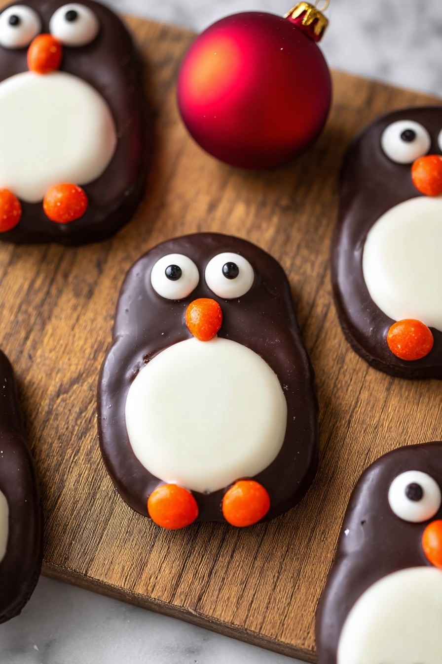 The image shows several penguin-shaped cookies placed on a wooden textured surface which should be imagined as white marble. Each cookie has three layers: a smooth dark brown chocolate base forming the penguin's body, a large round white candy on the lower belly area, and two small white circles with black dots as eyes positioned near the top. A small orange oval candy serves as the beak right below the eyes, and two small orange round candies are placed at the bottom as feet. A bright red Christmas ornament is partially visible at the top center. photo taken with an iphone --ar 2:3 --v 7 - Penguin Nutter Butter Cookies, no-bake penguin cookies, cute holiday cookie ideas, chocolate Nutter Butter treats, easy penguin cookies recipe
