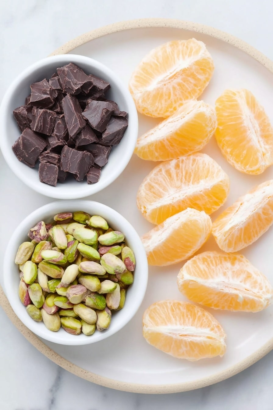 Chocolate Dipped Mandarin Slices Recipe 7 Flat lay of peeled mandarin segments arranged neatly beside a small pile of roughly chopped dark chocolate chunks, a small white ceramic bowl filled with finely chopped shelled pistachios, all placed on a simple white ceramic plate, placed on a clean white marble surface, soft natural light, photo taken with an iPhone, professional food photography style, fresh ingredients, white ceramic bowls, no bottles, no duplicates, no utensils, no packaging --ar 2:3 --v 7 --p m7354615311229779997 - Chocolate Dipped Mandarin Slices, candied mandarin segments, citrus chocolate treats, easy fruit dessert, festive chocolate fruit dessert