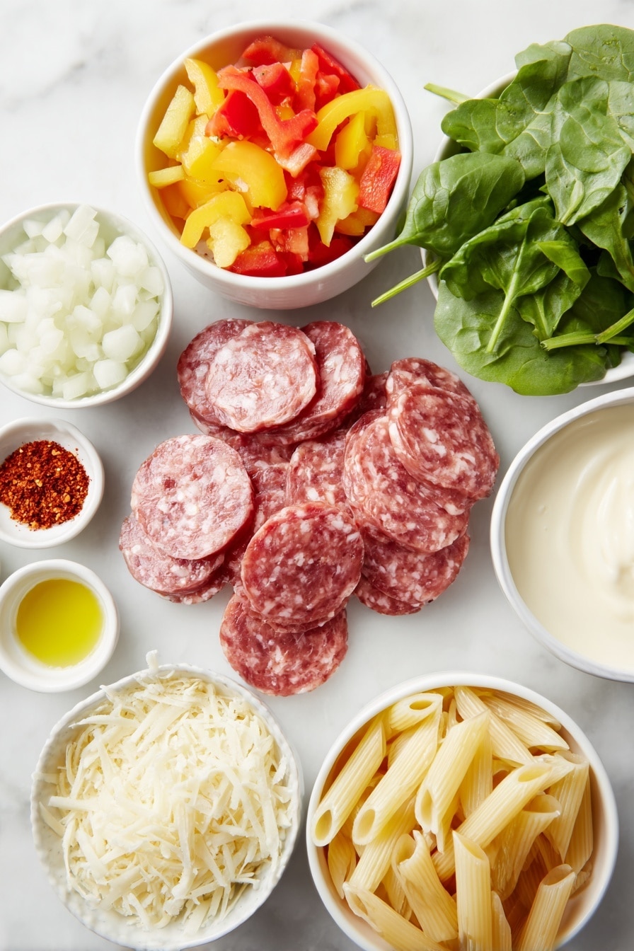 Flat lay of sliced smoked Andouille sausage rounds arranged next to a small mound of uncooked penne pasta, a handful of mixed-color diced bell peppers (red, yellow, and green), finely chopped white onion, a few sprigs of fresh green parsley, fresh bright spinach leaves, a small white bowl of creamy heavy cream, a small white bowl filled with golden olive oil, a small white bowl containing grated Parmesan cheese, another small white bowl with reddish-brown Cajun seasoning, a small white bowl holding light brown garlic powder, a small white bowl with vibrant red cayenne pepper powder, and whole uncracked brown eggs arranged harmoniously in simple white ceramic bowls and plates, placed on a clean white marble surface, soft natural light, photo taken with an iPhone, professional food photography style, fresh ingredients, white ceramic bowls, no bottles, no duplicates, no utensils, no packaging --ar 2:3 --v 7 --p m7354615311229779997 - Creamy Cajun Sausage Pasta, Cajun sausage pasta, creamy sausage pasta dish, quick Cajun pasta recipe, spicy Cajun pasta dinner