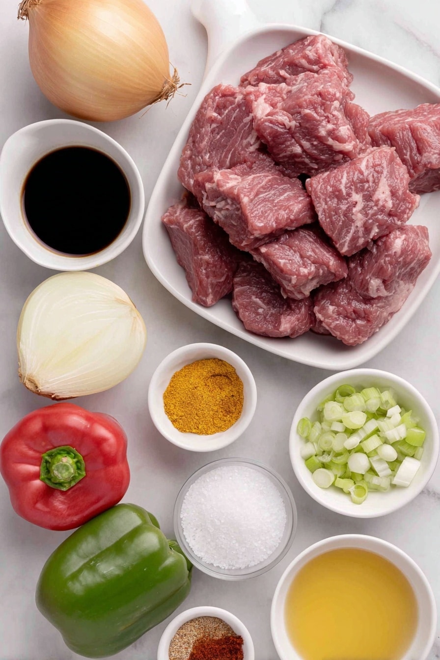 Flat lay of fresh red bell pepper, fresh green bell pepper, whole medium yellow onion, three cloves of whole unpeeled garlic, small pile of bright minced fresh ginger, fresh sirloin beef tips, small white ceramic bowl with dark soy sauce, small white ceramic bowl with shiny oyster sauce, small white ceramic bowl with clear chicken stock, small white ceramic bowl with clean water, small white ceramic bowl with white cornstarch powder, small white ceramic bowl with reddish paprika powder, small white ceramic bowl with reddish Creole Cajun seasoning, small white ceramic bowl with bright red hot sauce, small bunch of green onions chopped, small puddle of golden cooking oil in a white ceramic bowl, salt crystals arranged simply on white ceramic dish placed on a clean white marble surface, soft natural light, photo taken with an iPhone, professional food photography style, fresh ingredients, white ceramic bowls, no bottles, no duplicates, no utensils, no packaging --ar 2:3 --v 7 --p m7354615311229779997 - Pepper Steak and Onions Stir Fry, stir fry dinner ideas, quick beef stir fry, healthy beef stir fry recipe, easy weeknight stir fry