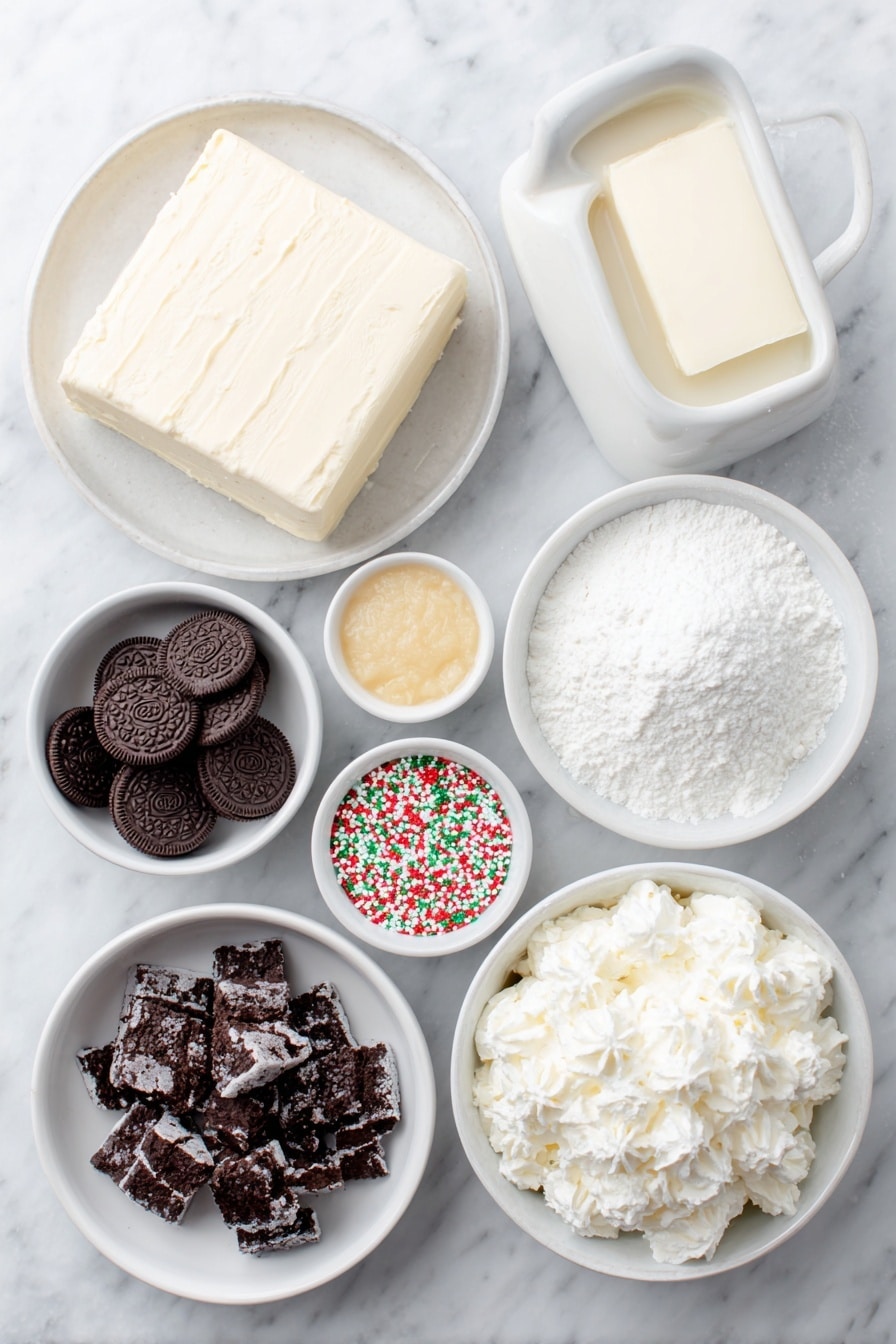 Flat lay of crushed and whole vanilla Oreo cookies, a small mound of golden melted butter, a block of creamy white cream cheese, a simple heap of fine white powdered sugar, colorful red and green holiday sprinkles scattered beside, two fluffy tubs of white whipped topping, a small white bowl with pale yellow cheesecake instant pudding powder, a small white bowl of cold milk, all arranged neatly in perfect symmetry on simple white ceramic bowls and plates, placed on a clean white marble surface, soft natural light, photo taken with an iPhone, professional food photography style, fresh ingredients, white ceramic bowls, no bottles, no duplicates, no utensils, no packaging --ar 2:3 --v 7 --p m7354615311229779997 - Christmas Cookie Lasagna Christmas Cookie Lasagna easy festive holiday dessert no-bake Christmas Cookie Lasagna