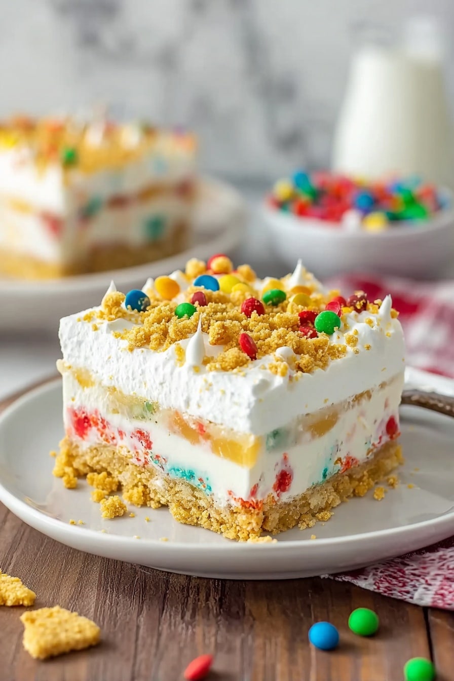 A square layered dessert on a white plate with a crumbly golden crust at the bottom, followed by a creamy white layer filled with colorful red, green, and orange sprinkles. Above this is a thicker white layer with more sprinkles mixed in, topped with a fluffy white whipped layer. On top of all layers are crunchy golden cereal pieces scattered. A woman's hand holds a silver fork with a piece of the dessert, showing all layers clearly. The background features a white marbled texture. photo taken with an iphone --ar 2:3 --v 7 - Christmas Cookie Lasagna Christmas Cookie Lasagna easy festive holiday dessert no-bake Christmas Cookie Lasagna