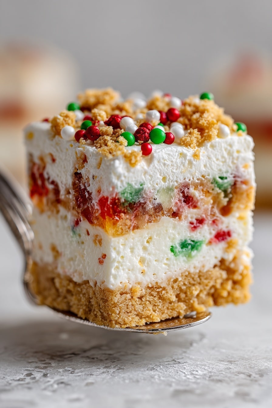 The image shows a square dessert with four visible layers. The bottom layer is a crumbly golden cookie base. Above it is a thick white creamy layer with small red and green specks inside. The third layer is a translucent jelly, also with tiny red and green bits scattered within it. The top layer is a fluffy white cream topped with crumbled golden cookies and red, green, and white round sprinkles. The dessert is held up on a spatula, set against a white marbled textured surface. photo taken with an iphone --ar 2:3 --v 7 - Christmas Cookie Lasagna Christmas Cookie Lasagna easy festive holiday dessert no-bake Christmas Cookie Lasagna