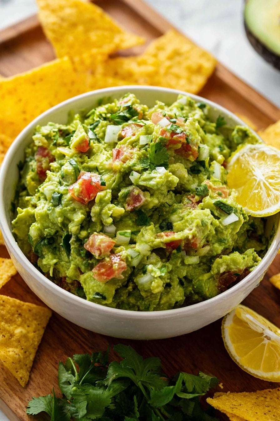 Easy Ripe Avocado Guacamole Recipe 6 A close-up of a white bowl filled with chunky guacamole made of mashed green avocado mixed with small cubes of bright red tomato, bits of white onion, and green cilantro leaves. Two lemon slices rest against the side of the bowl. The bowl sits on a wooden board surrounded by yellow tortilla chips, with fresh cilantro leaves visible on the left side and a white marbled textured surface in the background. photo taken with an iphone --ar 2:3 --v 7 - Easy Ripe Avocado Guacamole, homemade guacamole, quick avocado dip, healthy guacamole recipe, flavorful guacamole