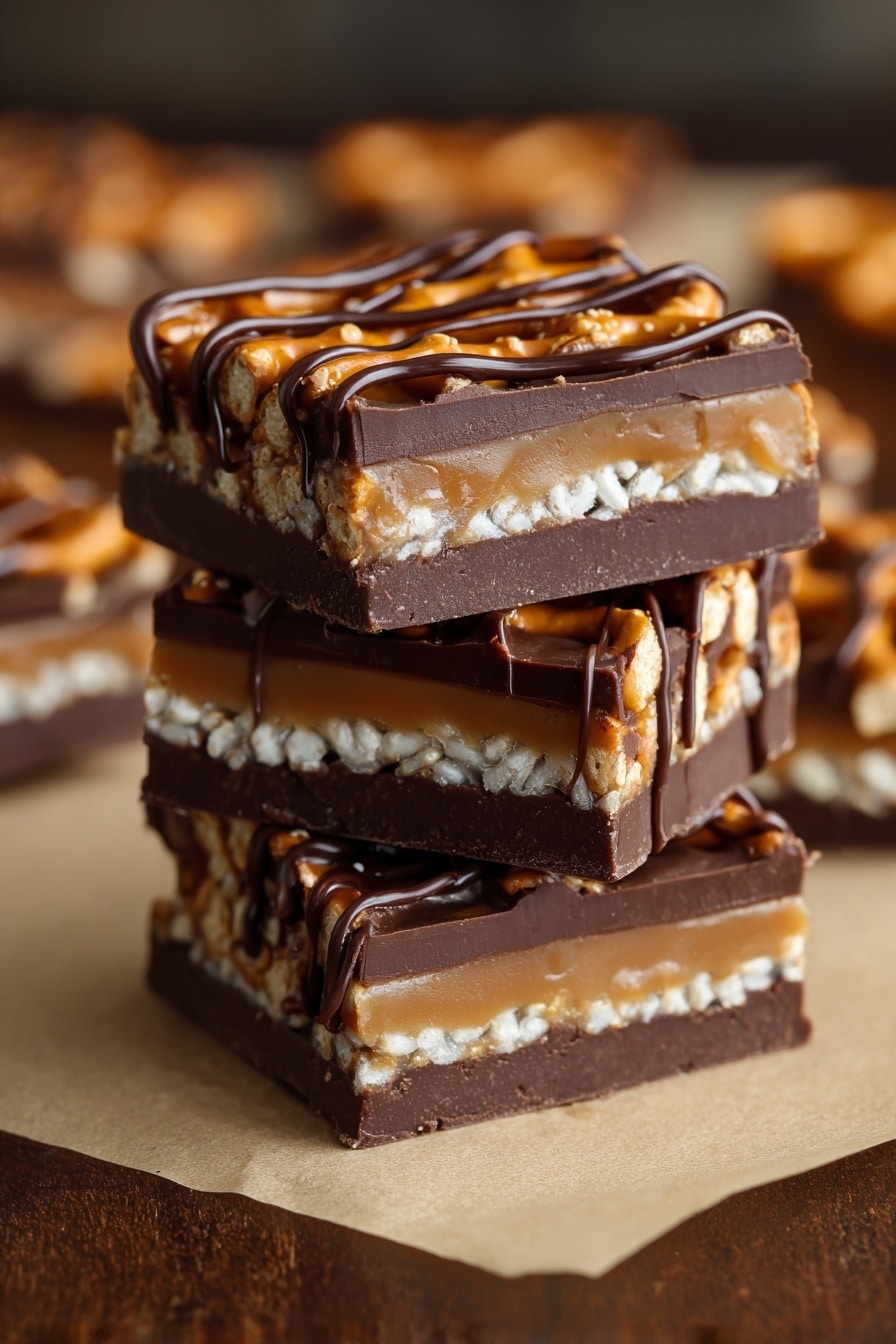 The image shows a close-up of a small slice of sticky toffee-colored candy bark with visible layers of caramel and sliced almonds inside. On top, there are dark chocolate lines drizzle in thin stripes across the whole piece. The bark has a shiny texture with some small salt flakes scattered lightly over it. The background is a soft white marbled surface with a few blurred pieces of similar candy bark in the distance. photo taken with an iphone --ar 2:3 --v 7 - Salted Caramel Pretzel Bark, salty caramel chocolate bark, easy sweet and salty dessert, quick pretzel bark recipe, homemade caramel pretzel candy