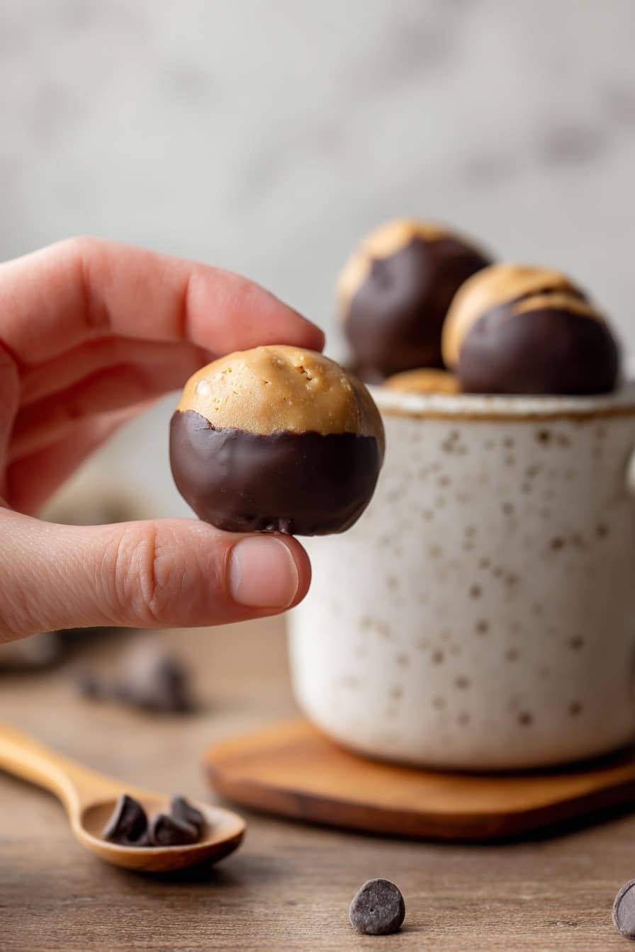 Easy Homemade Buckeyes Chocolate Peanut Butter Candies Recipe 8 A white speckled mug filled with round chocolate-covered peanut butter balls stacked inside, each candy showing a smooth, light brown peanut butter top and a glossy dark brown chocolate lower half. One peanut butter ball sits on a wooden surface in front of the mug, which contrasts with the white marbled background. A wooden spoon with a peanut butter ball inside lies to the right, alongside scattered small chocolate chips near the base of the mug. Photo taken with an iphone --ar 2:3 --v 7 - Easy Homemade Buckeyes Chocolate Peanut Butter Candies, chocolate peanut butter candies, homemade buckeyes, peanut butter chocolate treats, simple candy recipes