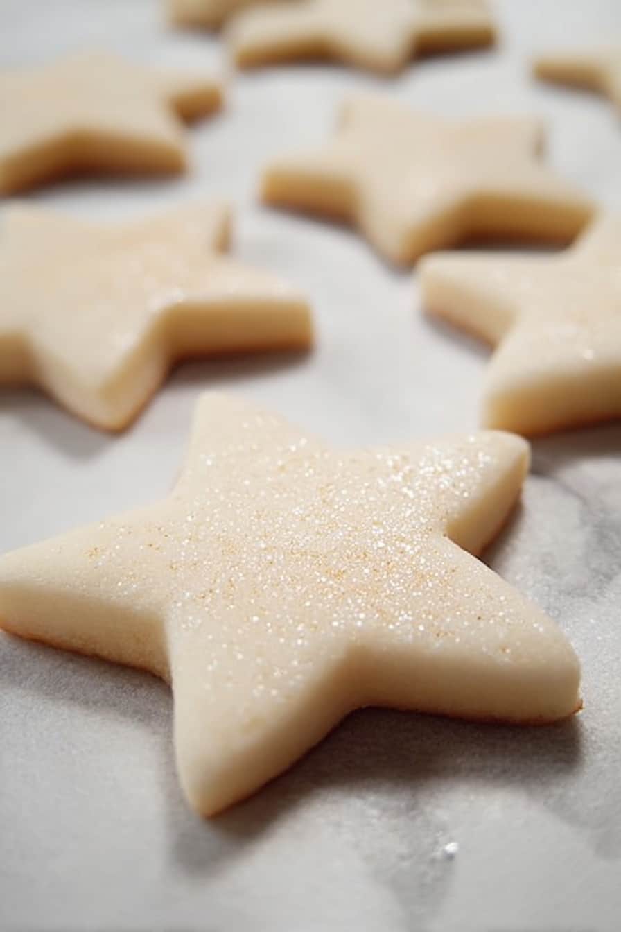 The image shows snowflake-shaped white dough cookies laid out on a dark wooden surface. Each cookie has a small, light blue snowflake decoration placed in the center. The dough looks smooth and slightly thick, with clean edges and gentle curves on each snowflake arm. The focus is on the closest cookie, making the others in the background softly blurred. photo taken with an iphone --ar 2:3 --v 7 - Peppermint Creams Snowy Candies Peppermint Mints Holiday Treats