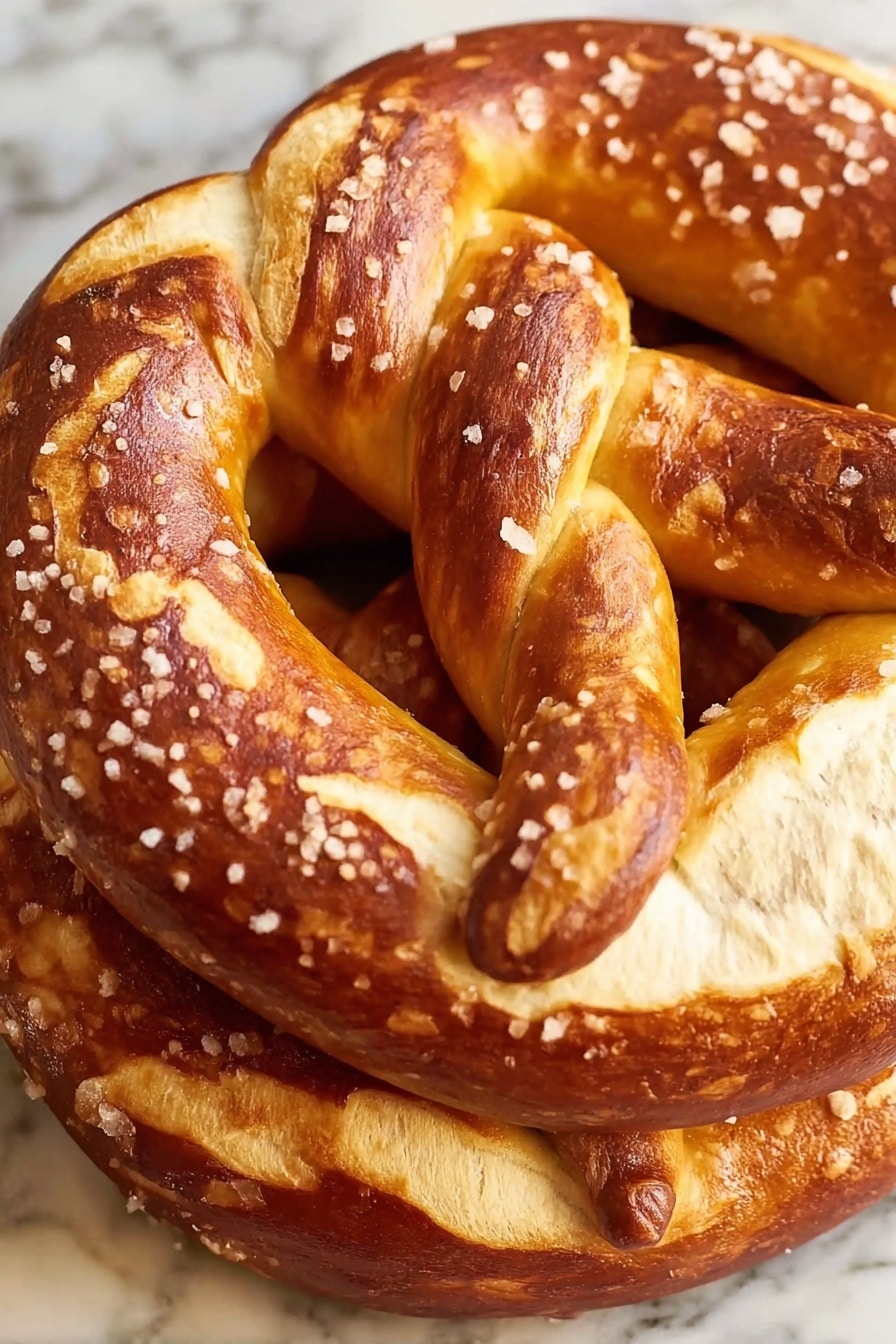 A close-up view of two large soft pretzels stacked on top of each other. The pretzels have a rich golden brown color with lighter patches showing the dough’s texture. Large grains of coarse salt are sprinkled unevenly on the shiny surface, creating small white highlights. The pretzels have a smooth and slightly glossy crust with visible twists and a small rounded end piece. The background shows a white marbled texture. photo taken with an iphone --ar 2:3 --v 7 - Easy Bavarian Pretzels, homemade Bavarian pretzels, soft chewy pretzels, authentic pretzel recipe, how to make Bavarian pretzels