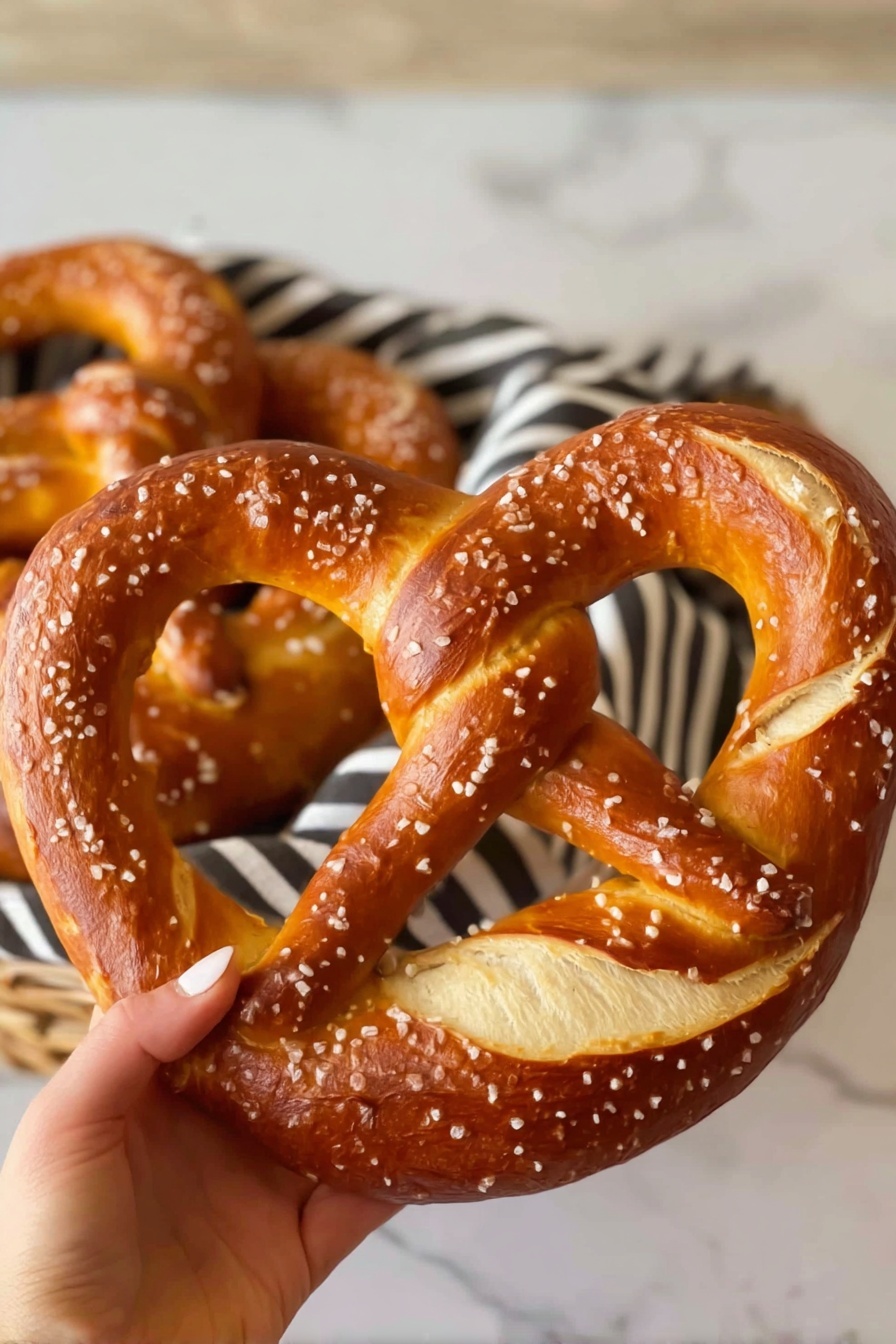 Easy Bavarian Pretzels Recipe 8 A large soft pretzel with a deep golden brown color and a twisted shape is being held by a woman's hand on the right side of the image. The pretzel is sprinkled with coarse salt and has a smooth, shiny texture from baking. Behind it, more pretzels rest in a basket lined with a black and white striped cloth. The background is a soft light tan wood, and the surface beneath is white marbled texture. photo taken with an iphone --ar 2:3 --v 7 - Easy Bavarian Pretzels, homemade Bavarian pretzels, soft chewy pretzels, authentic pretzel recipe, how to make Bavarian pretzels