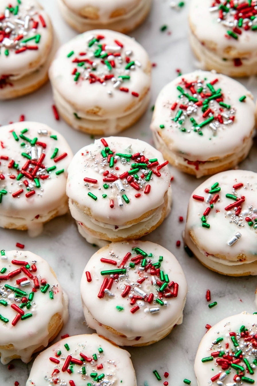 This image shows many small, round sandwich cookies stacked on a white marbled surface. Each cookie has two light golden layers with a white icing layer in the middle, covered on top with a smooth white glaze that drips slightly onto the surface. The tops are decorated with red, green, white, and silver sprinkles in different shapes, including small sticks, balls, and a few Christmas tree shapes. The overall look is festive and bright, with the cookies arranged close to each other, some overlapping. photo taken with an iphone --ar 2:3 --v 7 - Ritz Cracker Peanut Butter Cookies, easy peanut butter cookies, salty sweet cookies, festive cookie recipes, quick dessert ideas