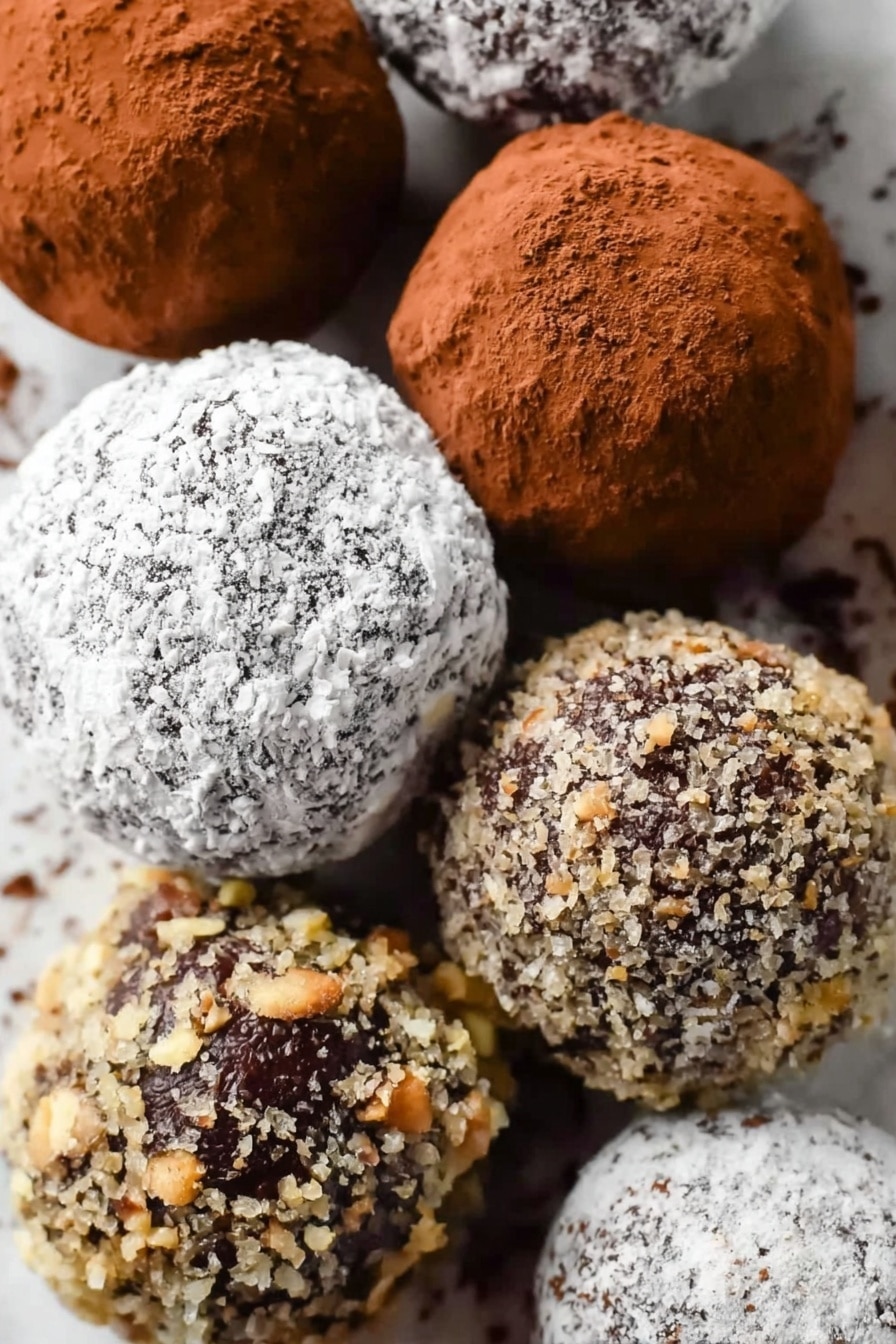 The image shows a close-up of round truffles arranged closely together on a white marbled surface. There are three types of truffles visible: one type coated evenly in a light powdered sugar, giving a soft white color and fine texture; the second type covered in a dark brown cocoa powder creating a smooth but slightly velvety look; and the third type rolled in crushed nuts, creating a rough, uneven texture with a mix of light brown and beige tones covering the dark chocolate base. The truffles vary slightly in size and are scattered in a natural, casual way. Photo taken with an iphone --ar 2:3 --v 7 - Rum Balls, Rum Balls recipe, Easy Rum Balls, Chocolate Rum Balls, No-Bake Rum Balls