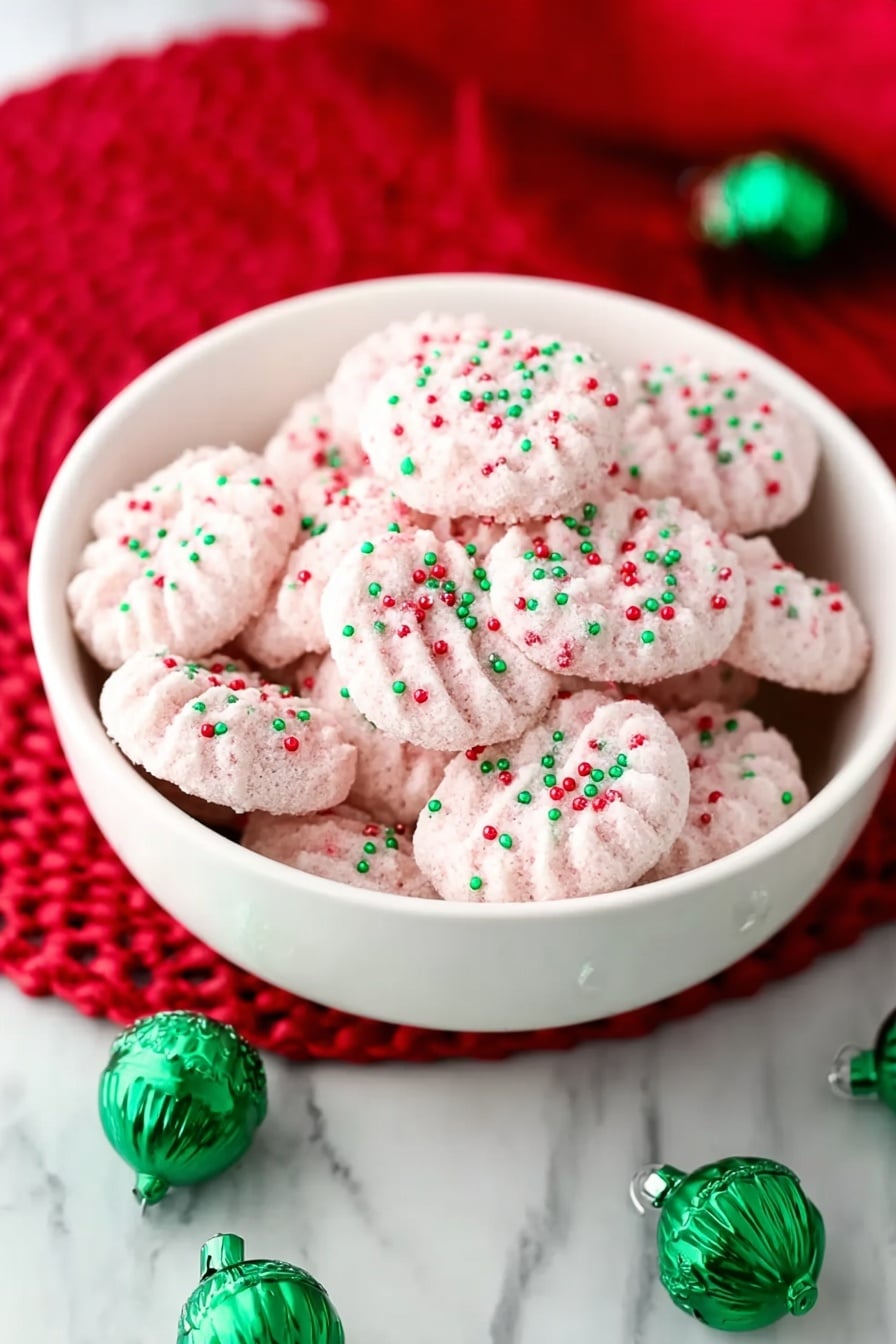 A white bowl is filled with small, round cookies that are soft pink in color. Each cookie has a slightly ridged surface from pressing with a fork and is covered with tiny red and green round sprinkles, giving a festive look. The bowl is set on a white marbled surface, and in the background, there is a red textured circular mat and scattered green jingle bells adding a holiday feel. photo taken with an iphone --ar 2:3 --v 7 - Christmas Mint Cookies, Mint Cookies Recipe, Holiday Cookies, No-Bake Mint Cookies, Festive Cookie Recipes